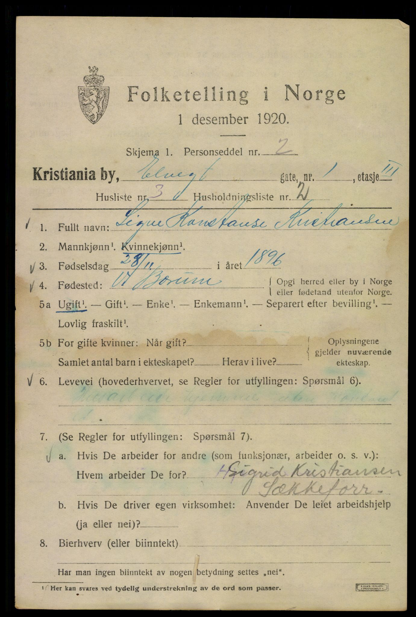 SAO, Folketelling 1920 for 0301 Kristiania kjøpstad, 1920, s. 215093