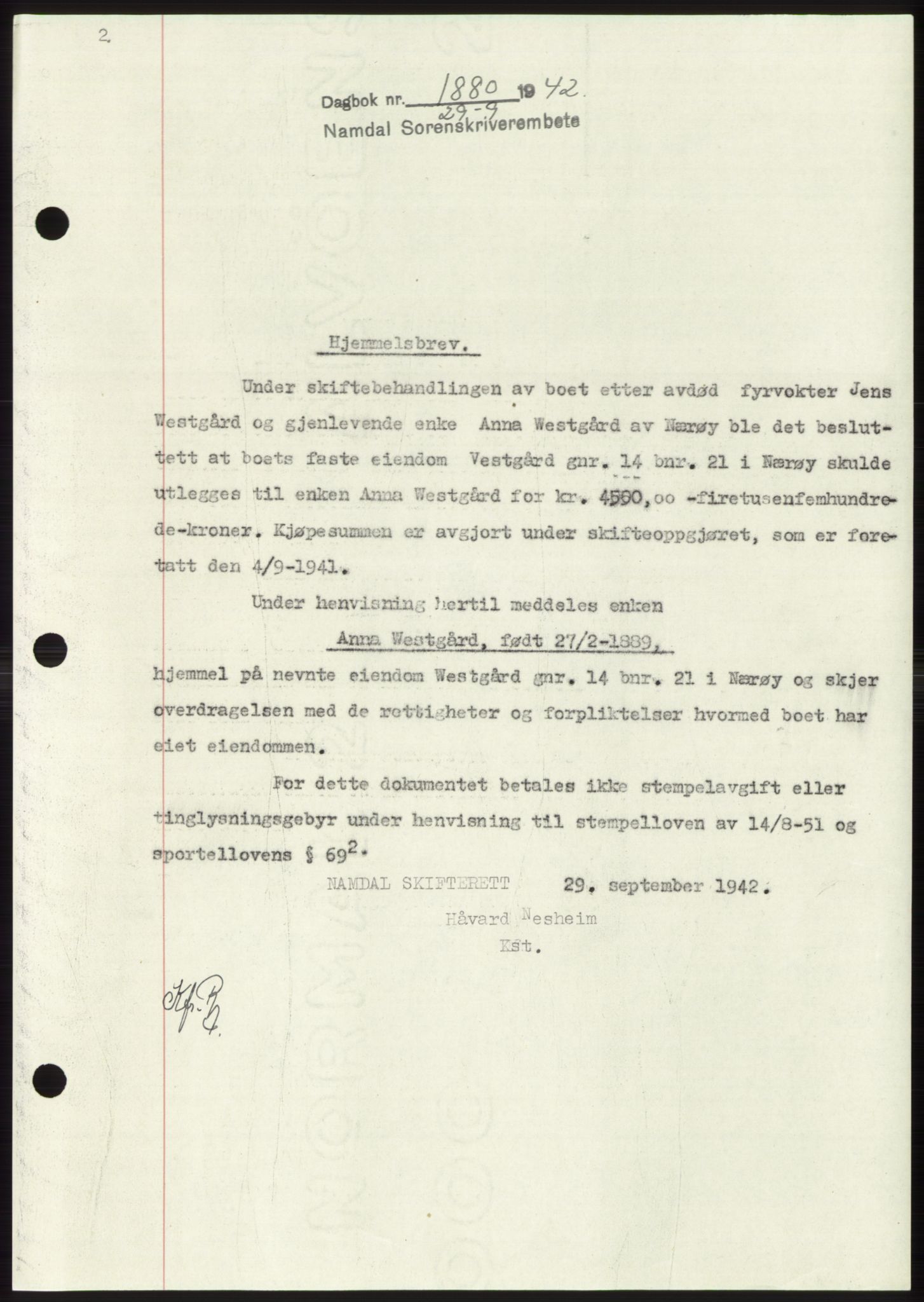 Namdal sorenskriveri, SAT/A-4133/1/2/2C: Pantebok nr. -, 1942-1943, Dagboknr: 1880/1942