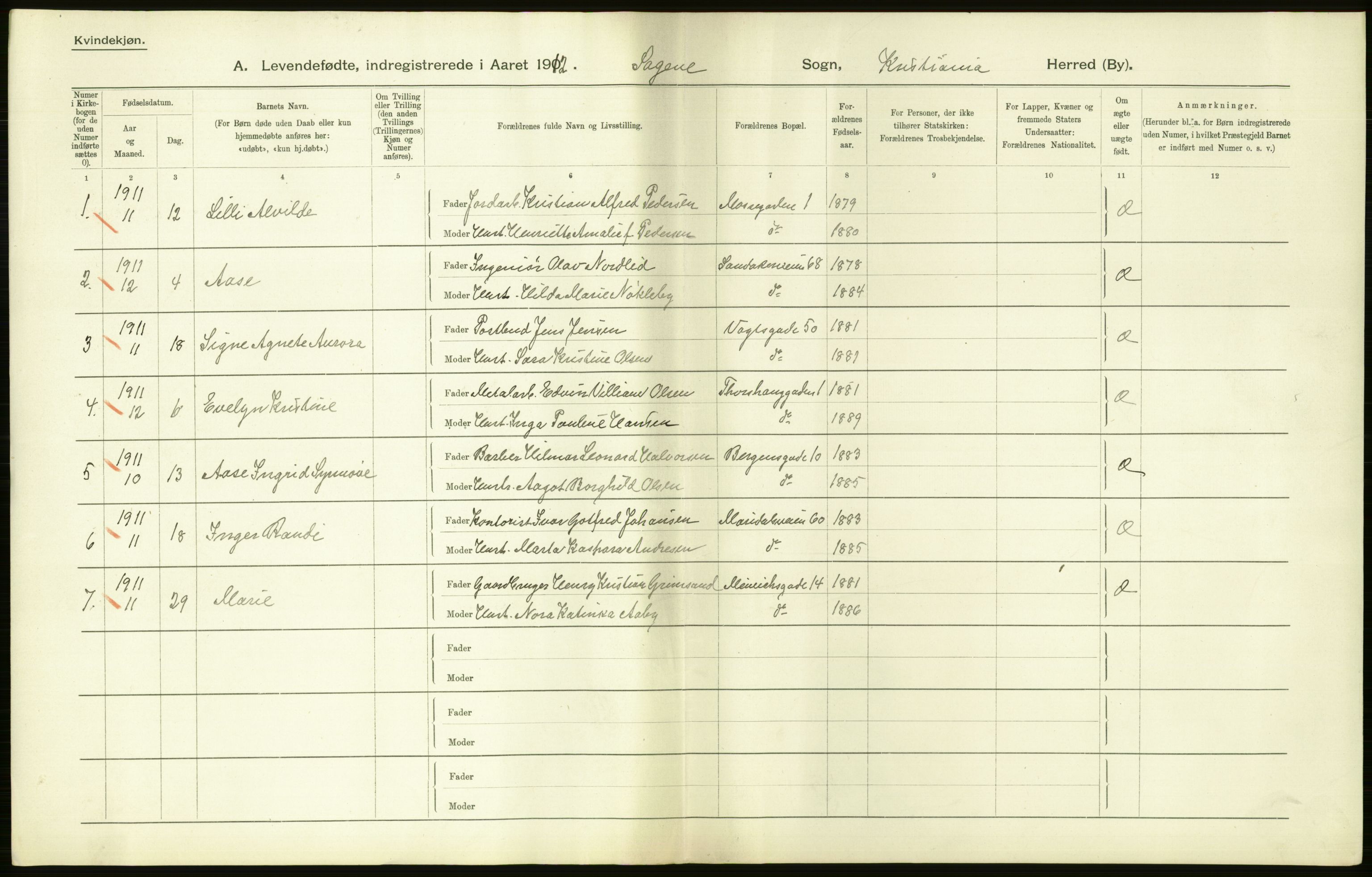 Statistisk sentralbyrå, Sosiodemografiske emner, Befolkning, RA/S-2228/D/Df/Dfb/Dfbb/L0007: Kristiania:  Levendefødte menn og kvinner., 1912, s. 432