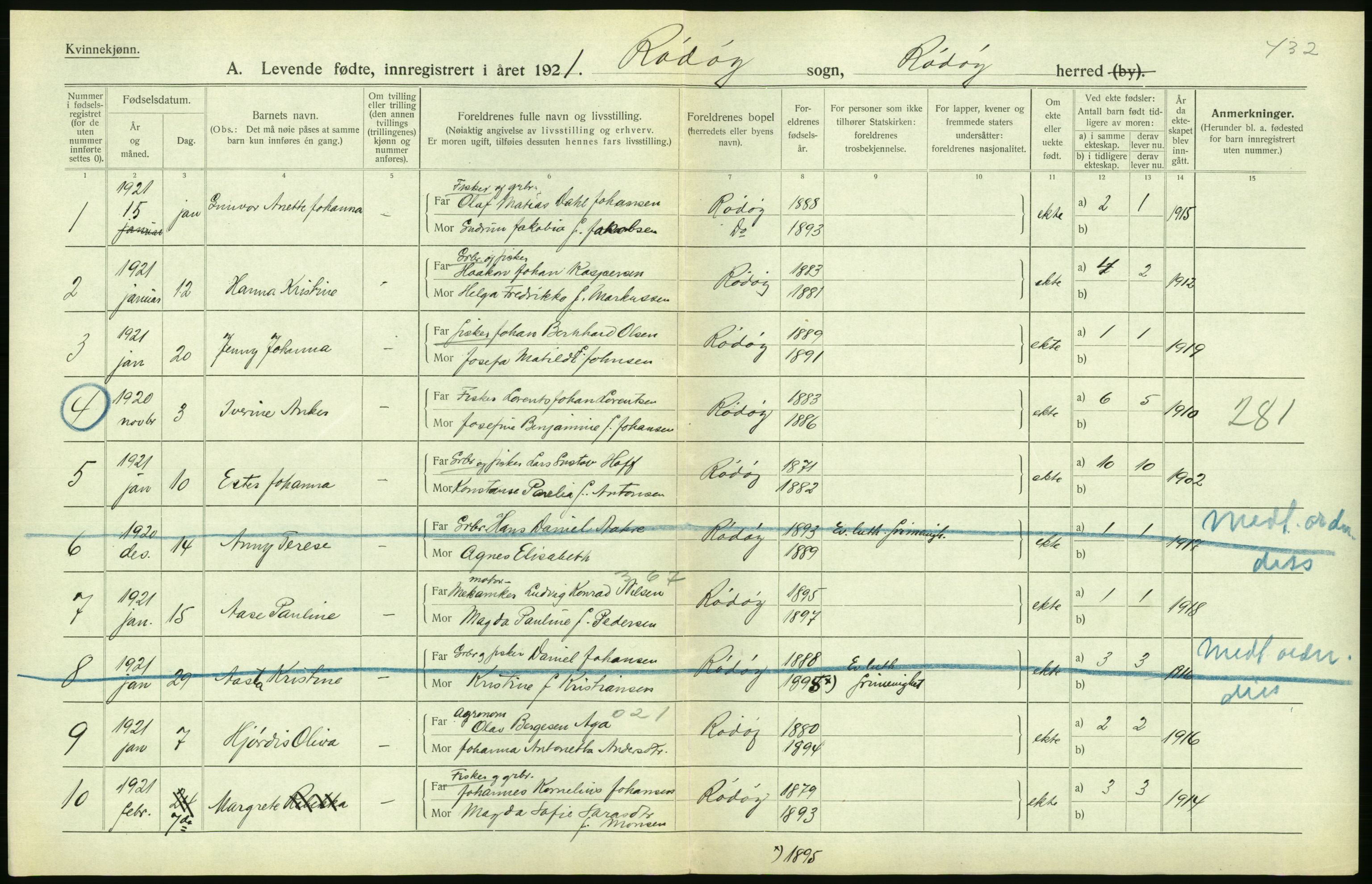 Statistisk sentralbyrå, Sosiodemografiske emner, Befolkning, AV/RA-S-2228/D/Df/Dfc/Dfca/L0049: Nordland fylke: Levendefødte menn og kvinner. Bygder., 1921, s. 138