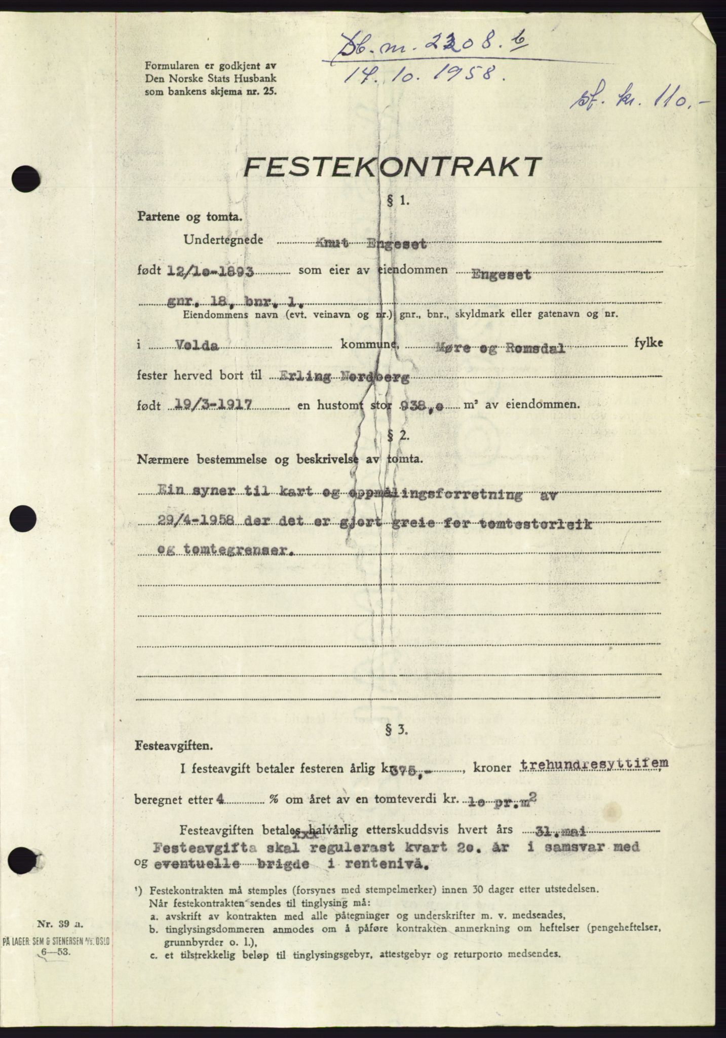 Søre Sunnmøre sorenskriveri, AV/SAT-A-4122/1/2/2C/L0110: Pantebok nr. 36A, 1958-1958, Dagboknr: 2208/1958