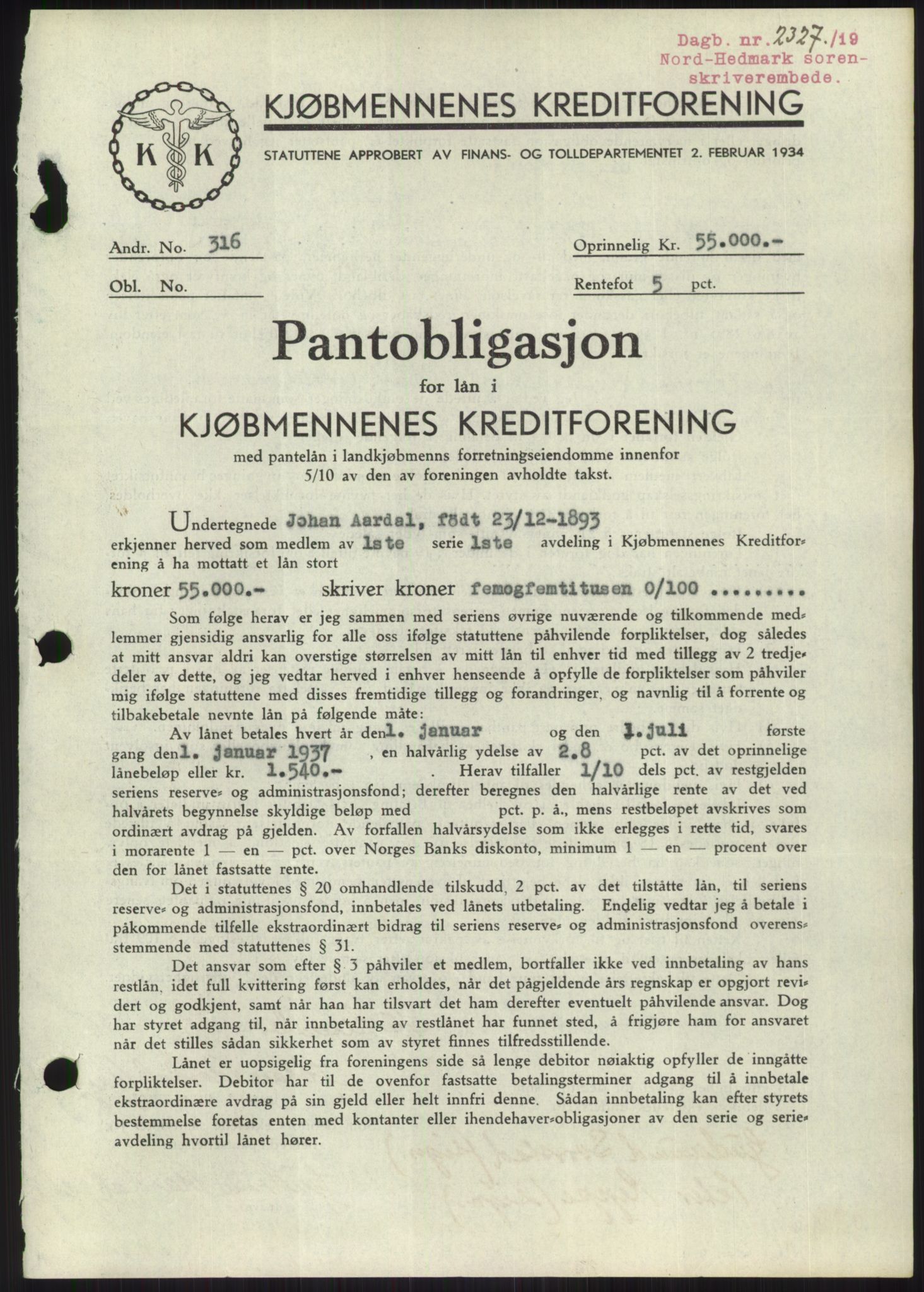 Nord-Hedmark sorenskriveri, SAH/TING-012/H/Hb/Hbf/L0001: Pantebok nr. B1, 1936-1936, Dagboknr: 2327/1936