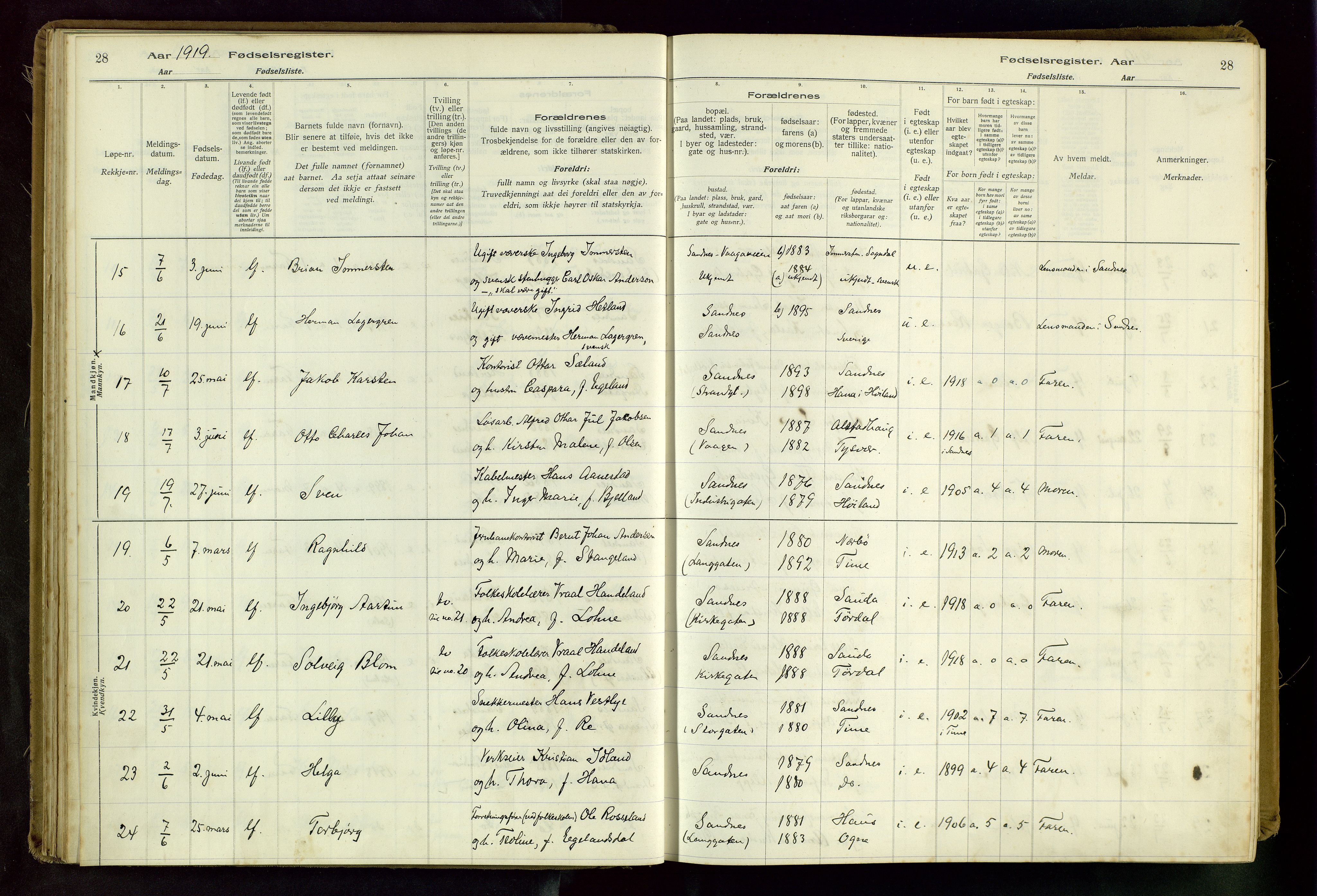 Sandnes sokneprestkontor, AV/SAST-A-101800/704BA/L0001: Fødselsregister nr. 1, 1916-1942, s. 28