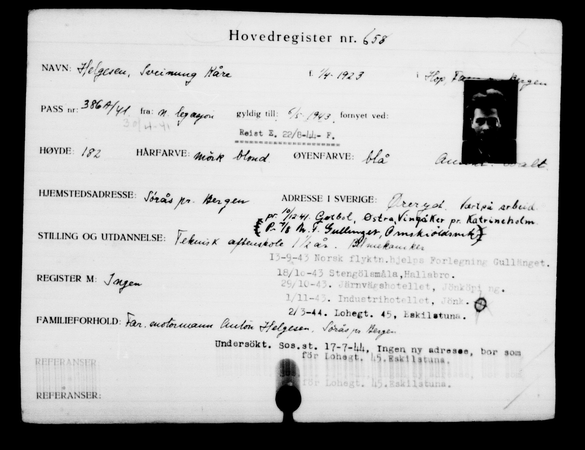 Utenriksstasjonene, Legasjonen i Stockholm, Flyktningkontoret, AV/RA-S-6753/V/Va/L0001: Kjesäterkartoteket, flyktninger med registreringsnr. 1-1000, 1940-1945, s. 1027