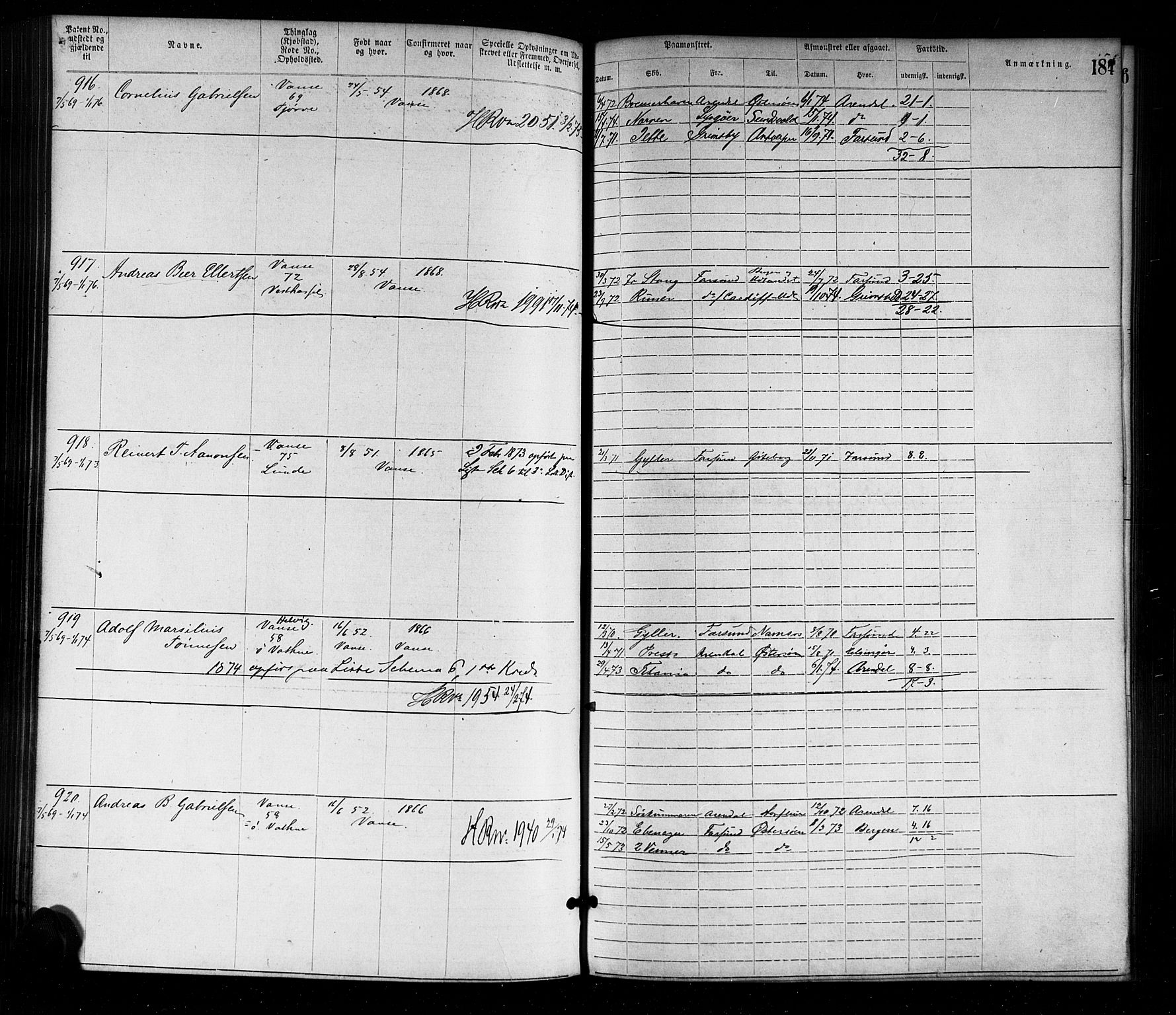 Farsund mønstringskrets, SAK/2031-0017/F/Fa/L0001: Annotasjonsrulle nr 1-1920 med register, M-1, 1869-1877, s. 213