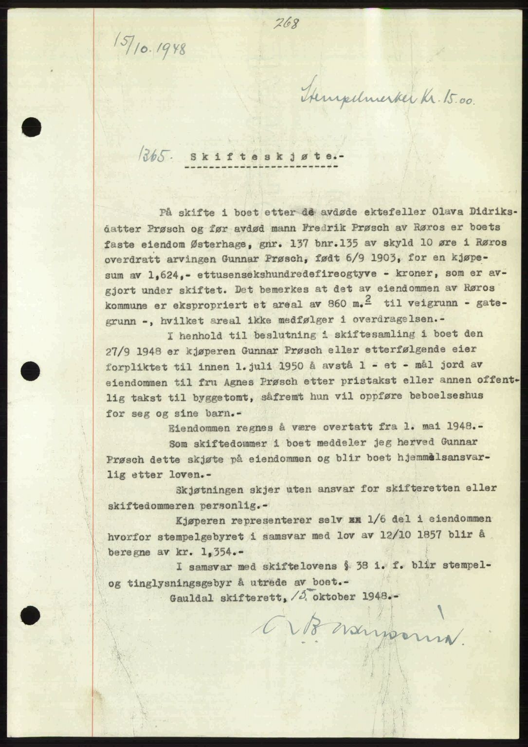 Gauldal sorenskriveri, SAT/A-0014/1/2/2C: Pantebok nr. A6, 1948-1948, Dagboknr: 1365/1948