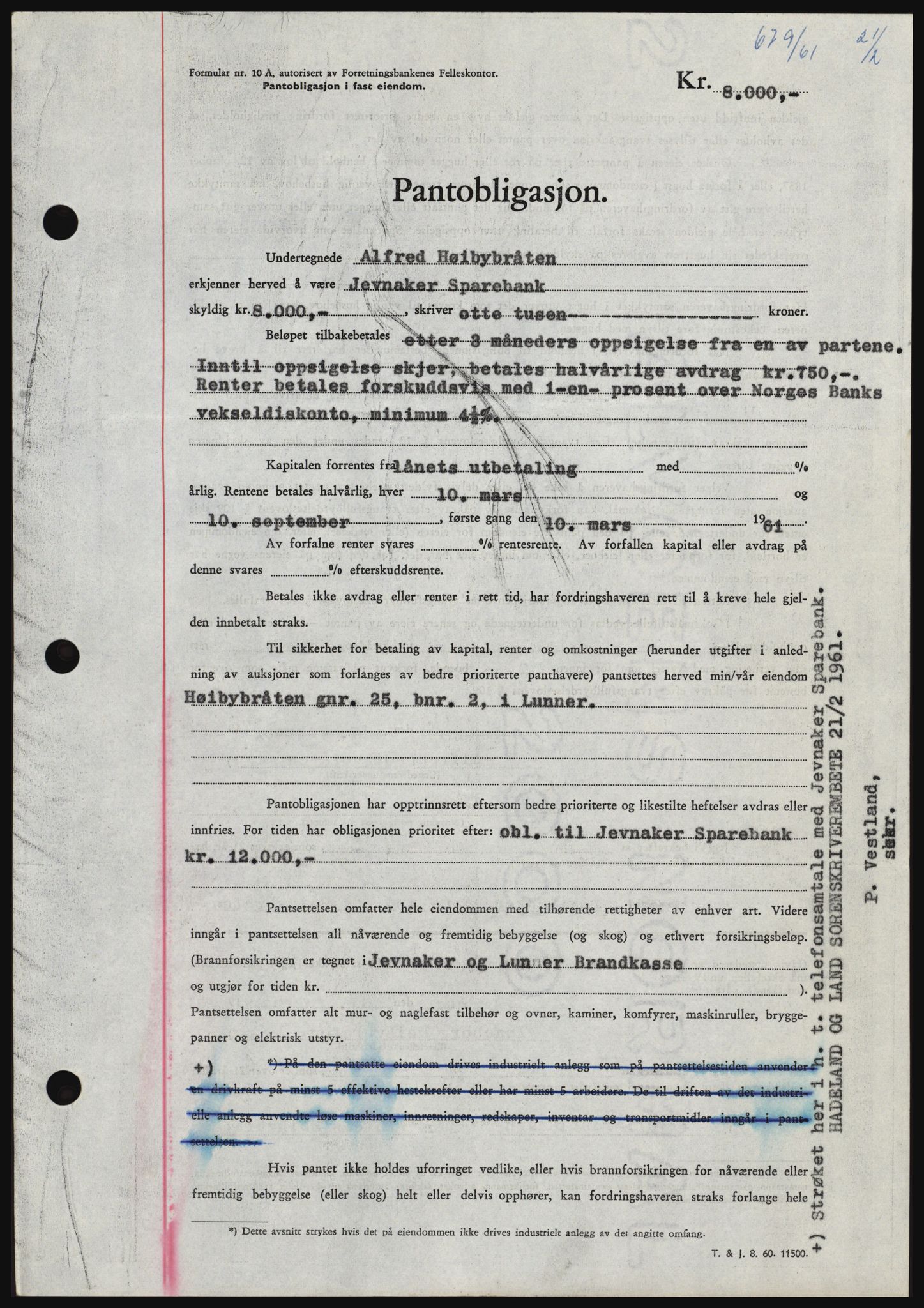 Hadeland og Land tingrett, SAH/TING-010/H/Hb/Hbc/L0045: Pantebok nr. B45, 1961-1961, Dagboknr: 679/1961