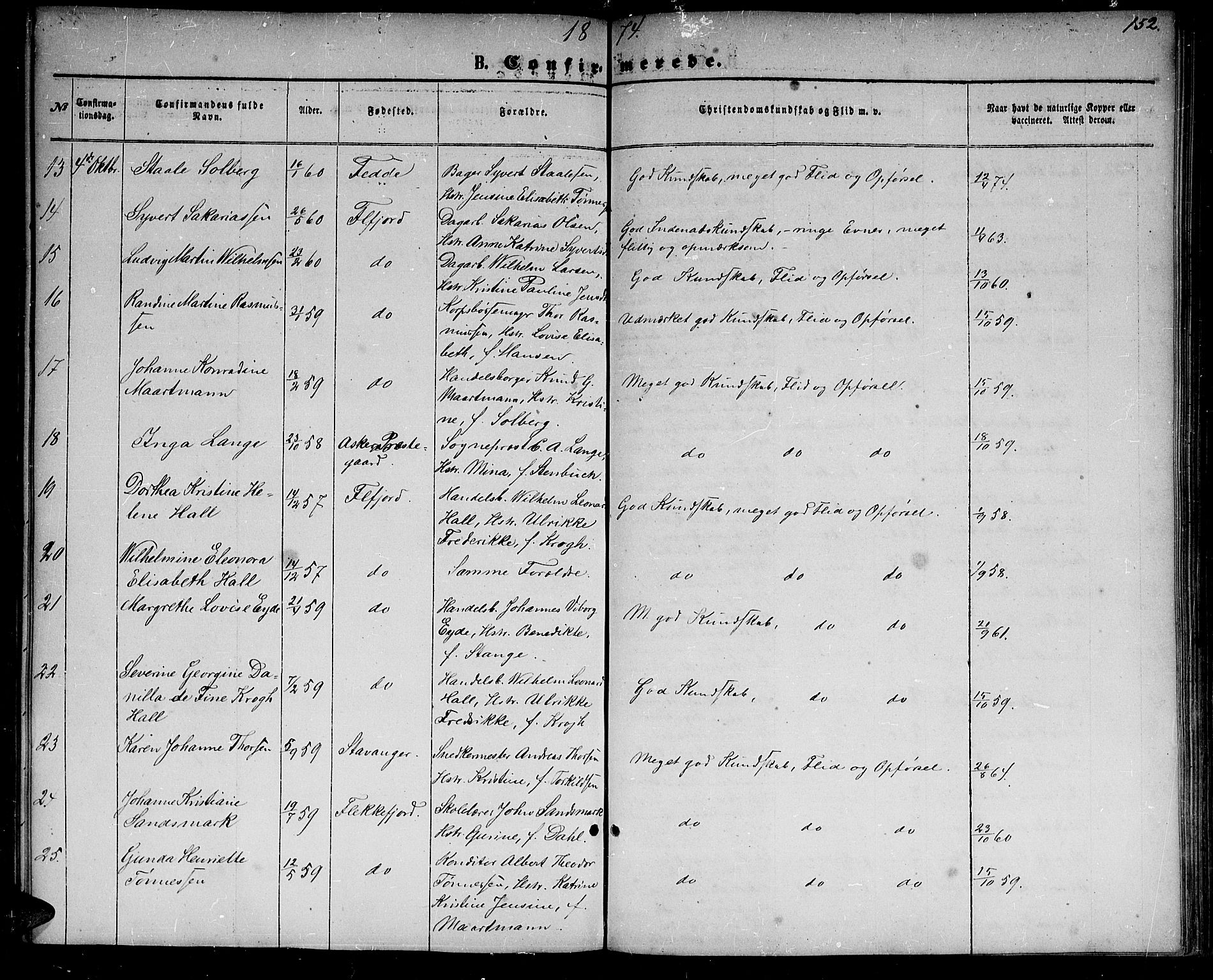 Flekkefjord sokneprestkontor, AV/SAK-1111-0012/F/Fb/Fbc/L0006: Klokkerbok nr. B 6, 1866-1879, s. 152