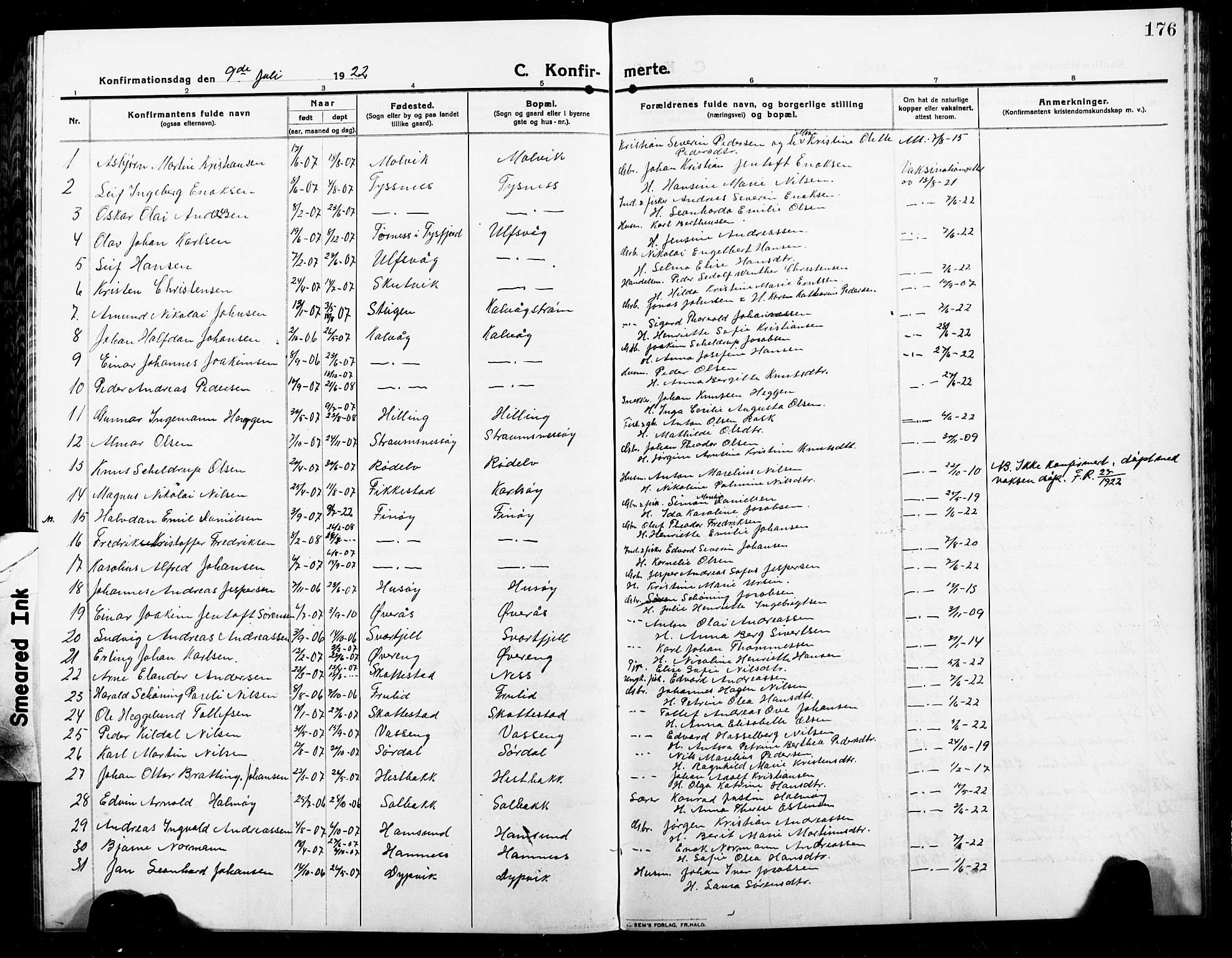 Ministerialprotokoller, klokkerbøker og fødselsregistre - Nordland, SAT/A-1459/859/L0861: Klokkerbok nr. 859C07, 1910-1925, s. 176