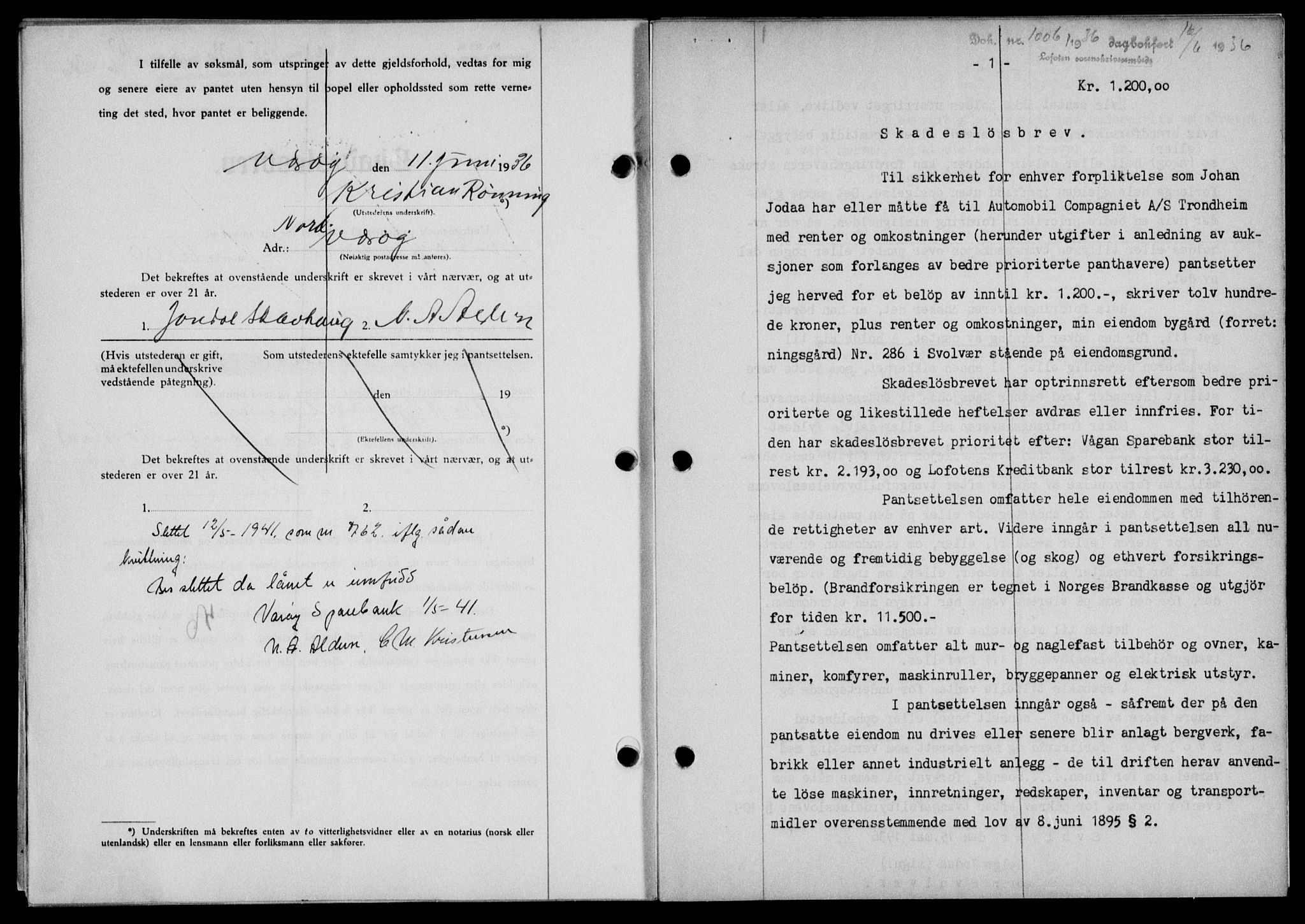Lofoten sorenskriveri, SAT/A-0017/1/2/2C/L0033b: Pantebok nr. 33b, 1936-1936, Dagboknr: 1006/1936