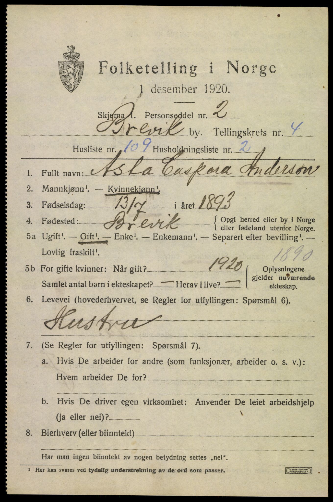 SAKO, Folketelling 1920 for 0804 Brevik kjøpstad, 1920, s. 7126