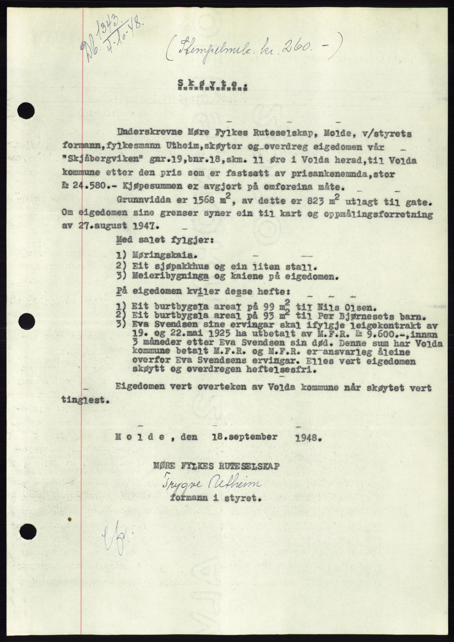 Søre Sunnmøre sorenskriveri, AV/SAT-A-4122/1/2/2C/L0083: Pantebok nr. 9A, 1948-1949, Dagboknr: 1343/1948