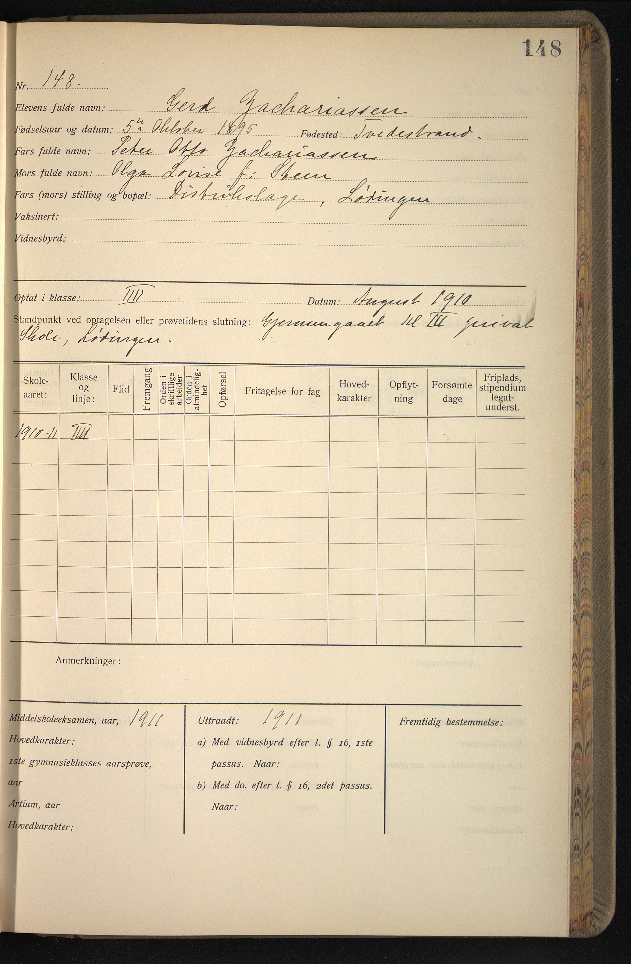 Vestfold fylkeskommune. Greveskogen videregående skole før 1998, VEMU/A-1162/G/Gb/L0003: Manntallsprotokoll Pikeskolen, 1909-1911, s. 149