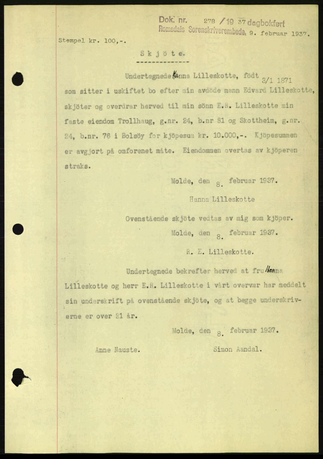 Romsdal sorenskriveri, SAT/A-4149/1/2/2C: Pantebok nr. A2, 1936-1937, Dagboknr: 278/1937