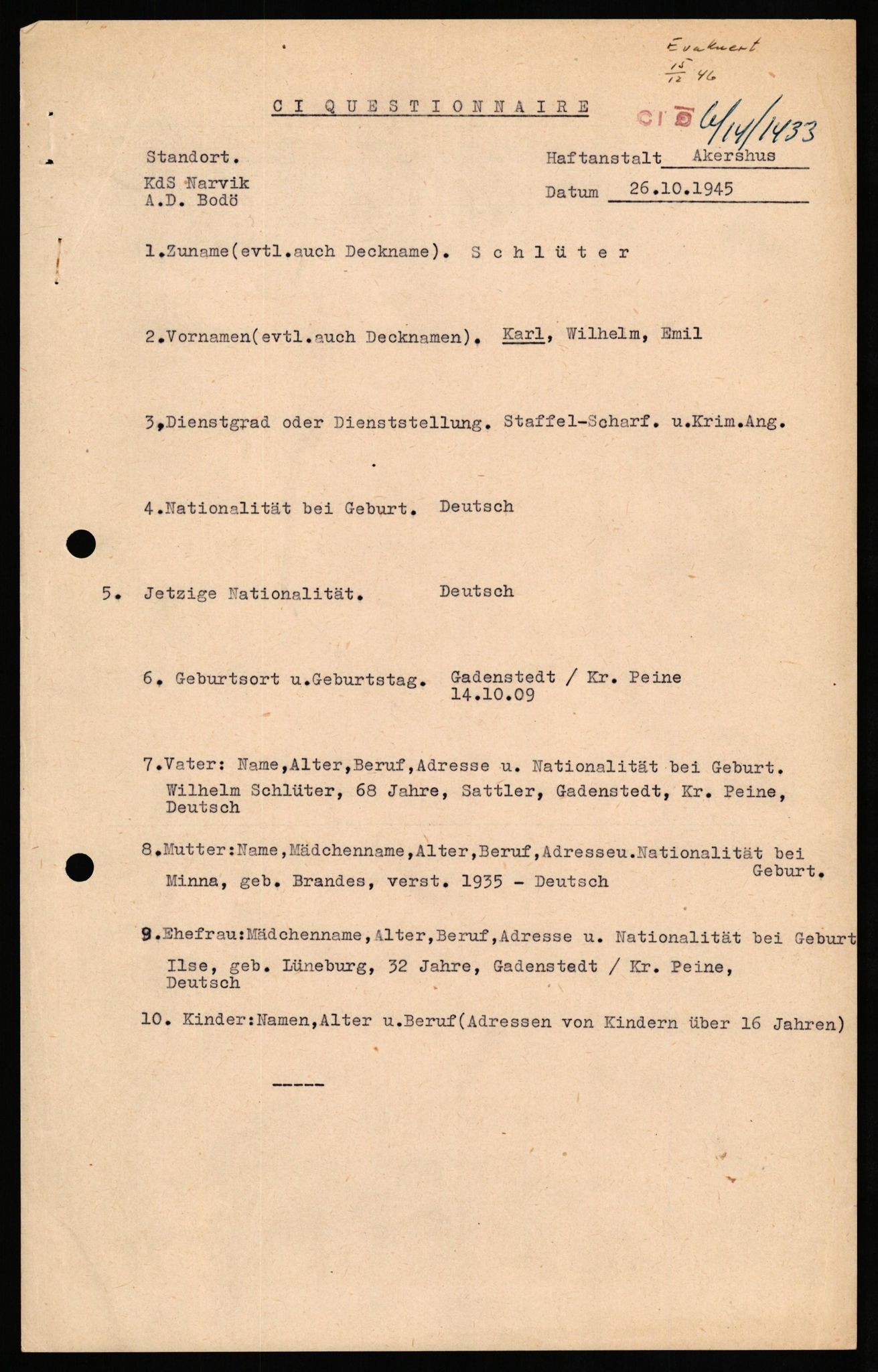 Forsvaret, Forsvarets overkommando II, RA/RAFA-3915/D/Db/L0029: CI Questionaires. Tyske okkupasjonsstyrker i Norge. Tyskere., 1945-1946, s. 303