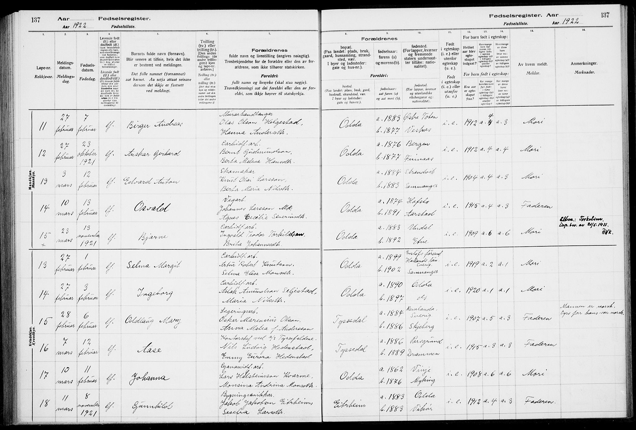 Odda Sokneprestembete, AV/SAB-A-77201/I/Id/L00A1: Fødselsregister nr. A 1, 1916-1925, s. 137