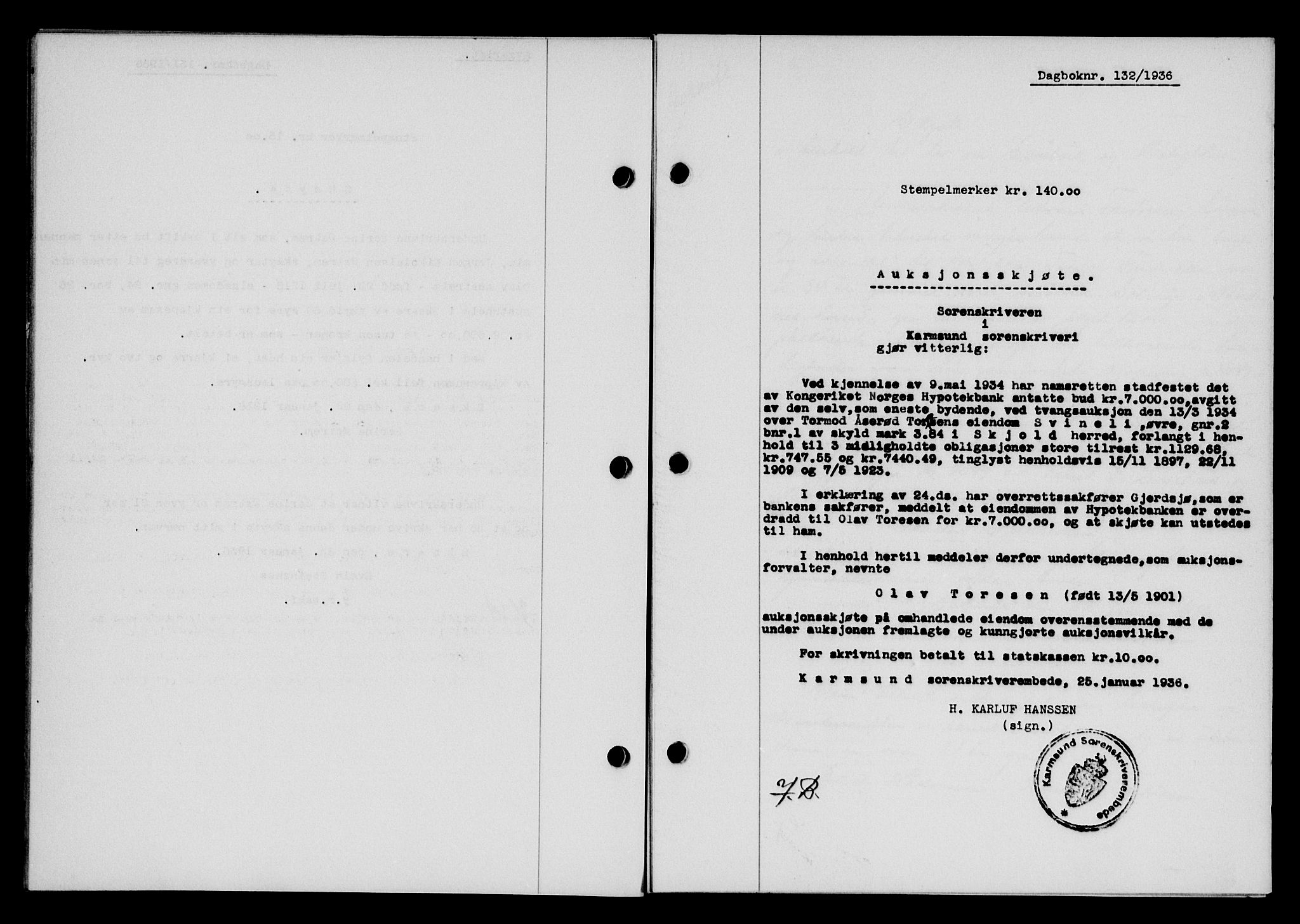 Karmsund sorenskriveri, SAST/A-100311/01/II/IIB/L0066: Pantebok nr. 47A, 1936-1936, Dagboknr: 132/1936