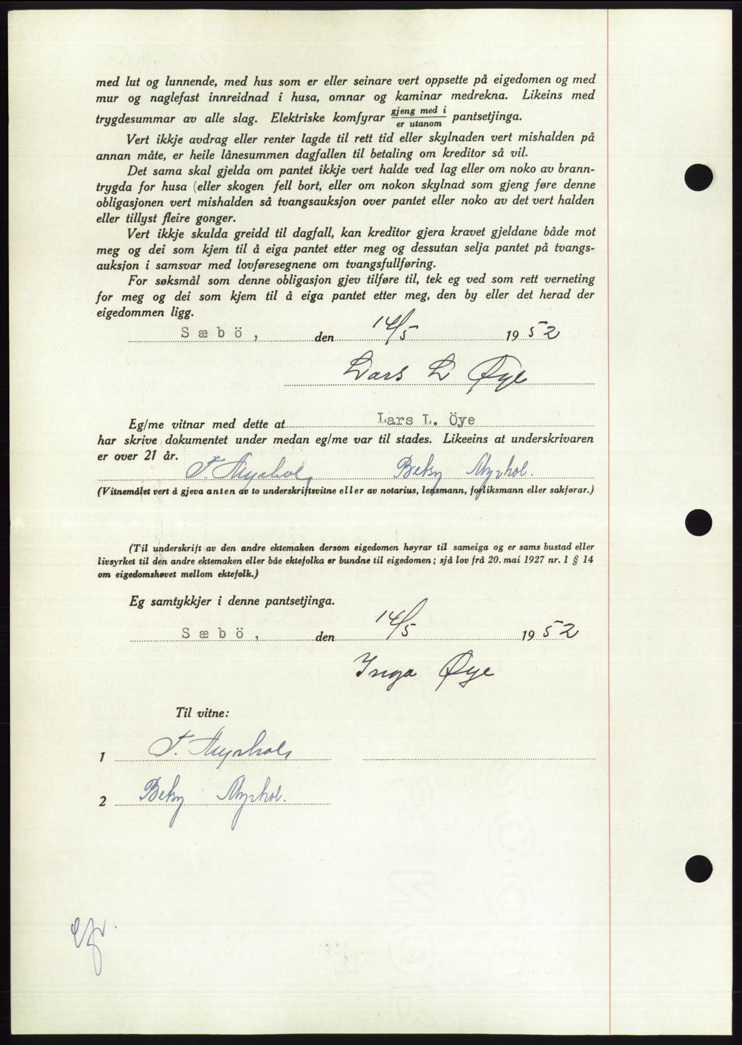 Søre Sunnmøre sorenskriveri, AV/SAT-A-4122/1/2/2C/L0121: Pantebok nr. 9B, 1951-1952, Dagboknr: 1064/1952