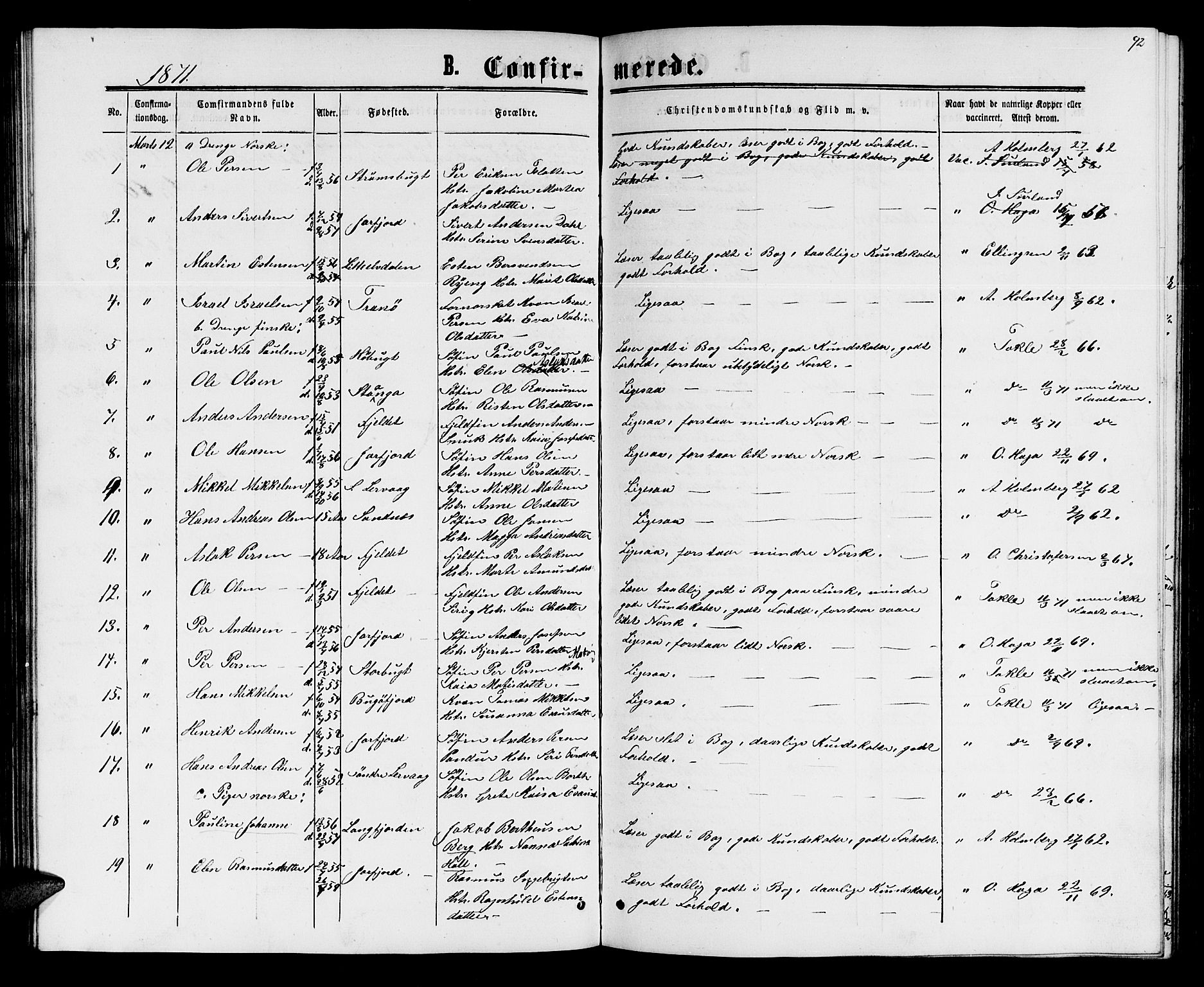 Sør-Varanger sokneprestkontor, AV/SATØ-S-1331/H/Hb/L0001klokker: Klokkerbok nr. 1, 1863-1872, s. 92