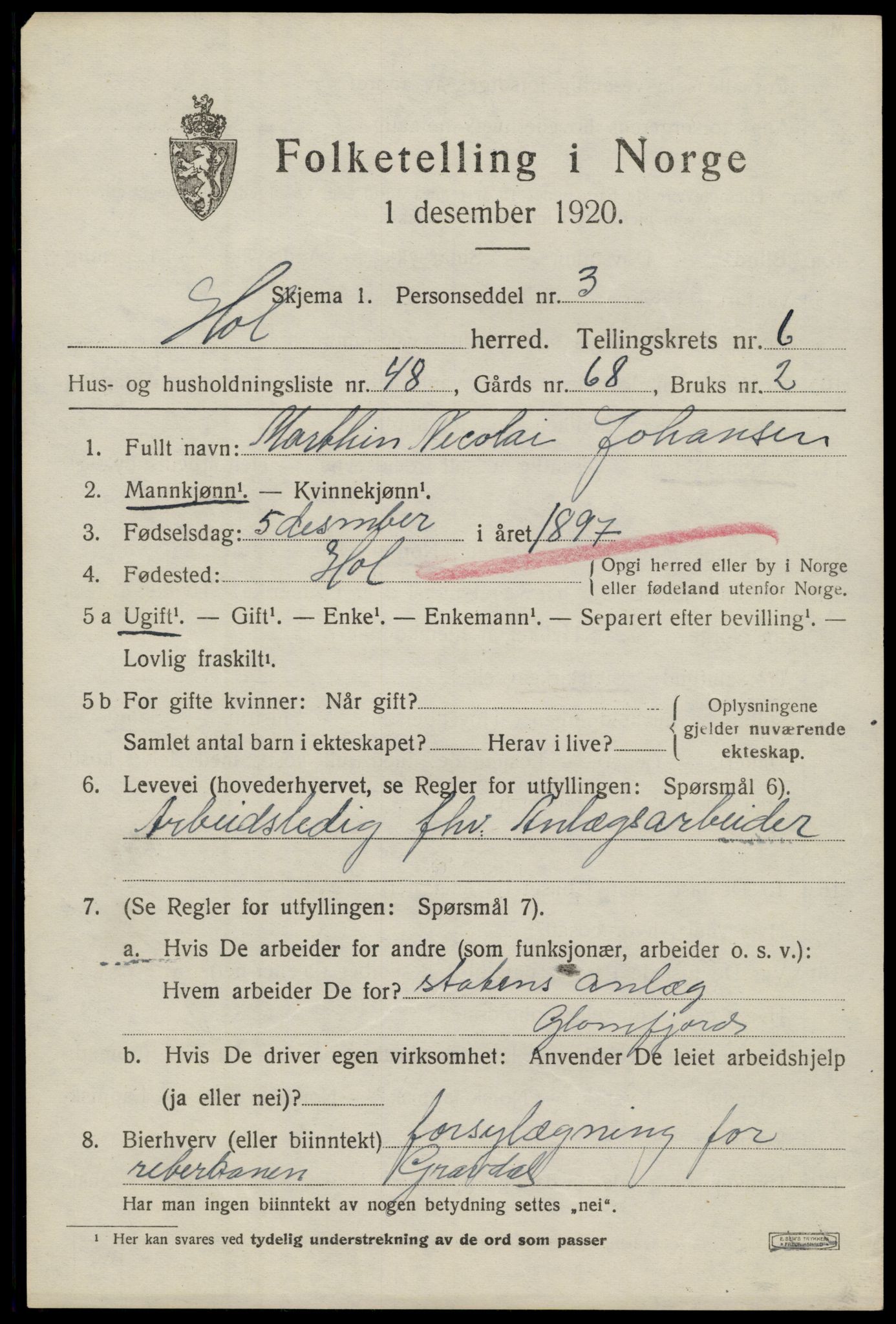 SAT, Folketelling 1920 for 1861 Hol herred, 1920, s. 5203