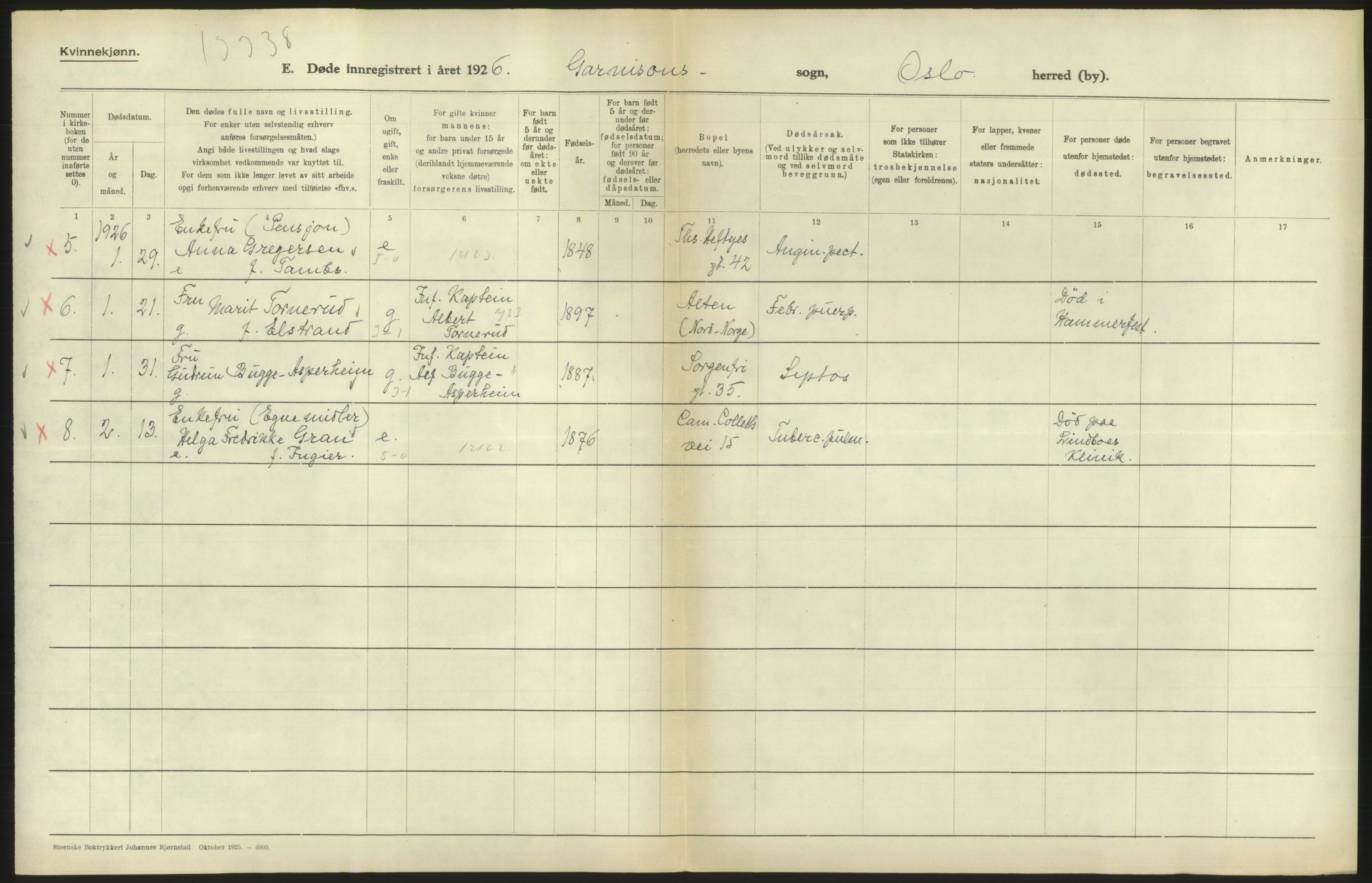 Statistisk sentralbyrå, Sosiodemografiske emner, Befolkning, AV/RA-S-2228/D/Df/Dfc/Dfcf/L0010: Oslo: Døde kvinner, dødfødte, 1926, s. 432