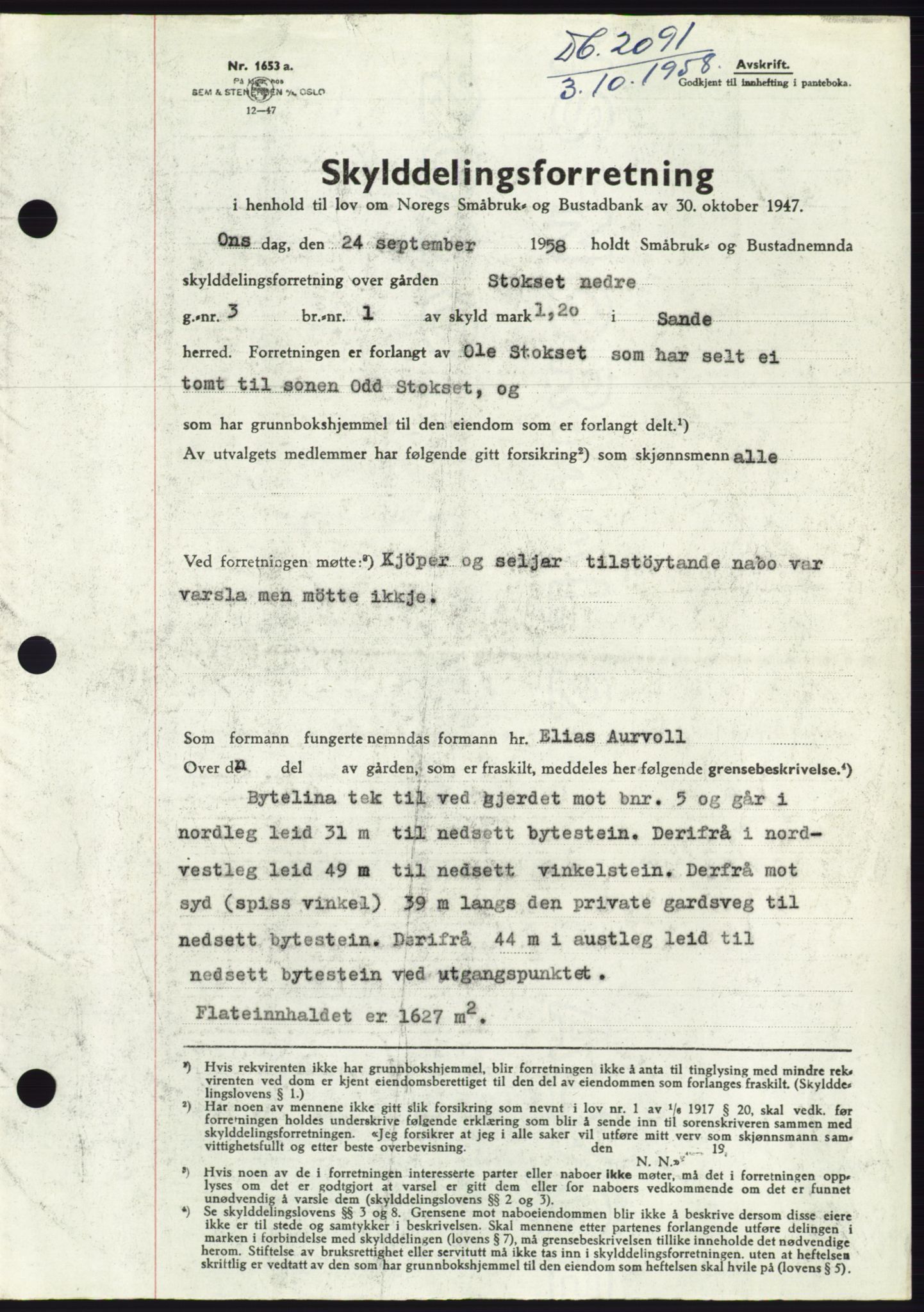 Søre Sunnmøre sorenskriveri, AV/SAT-A-4122/1/2/2C/L0110: Pantebok nr. 36A, 1958-1958, Dagboknr: 2091/1958