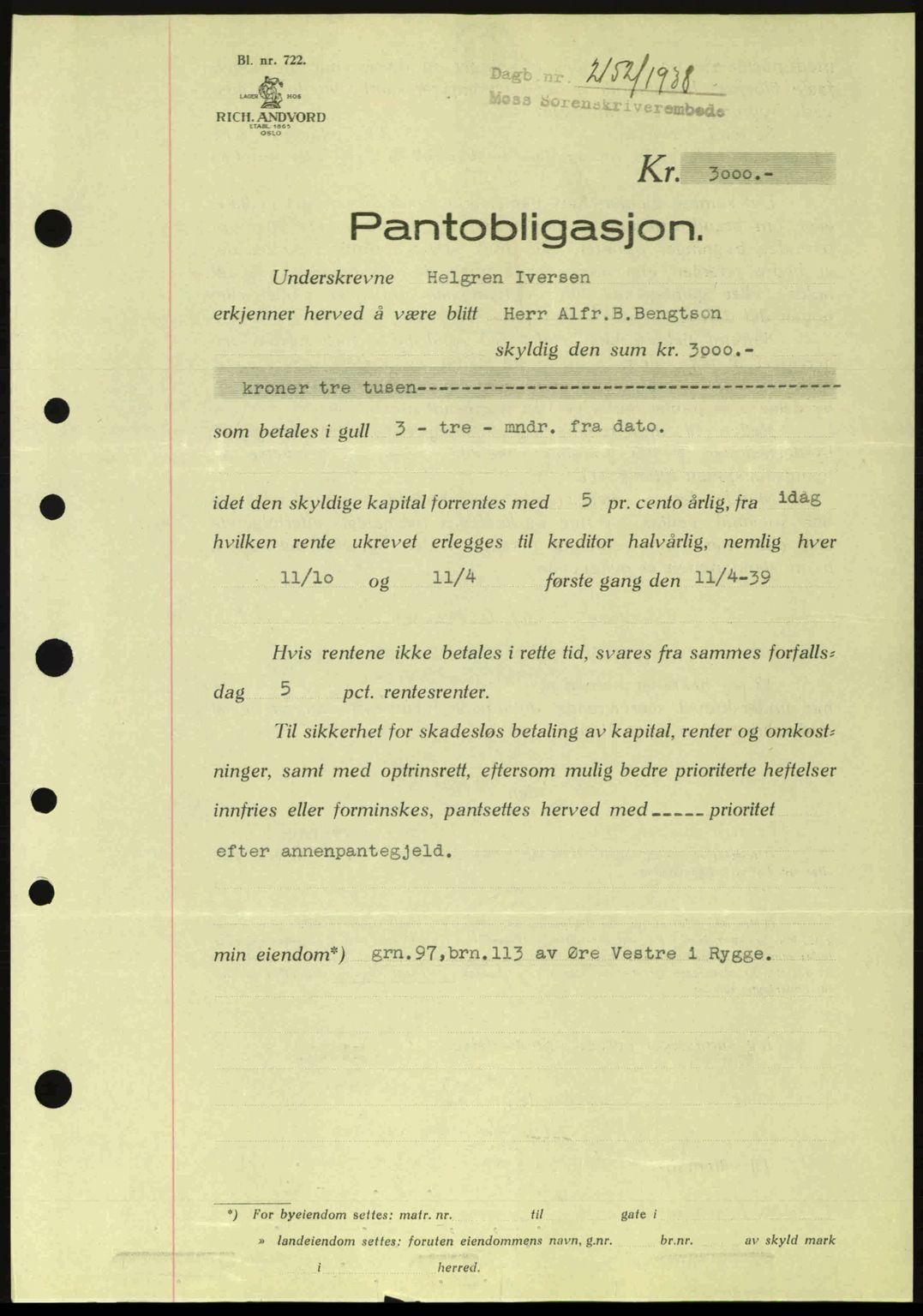 Moss sorenskriveri, SAO/A-10168: Pantebok nr. B6, 1938-1938, Dagboknr: 2152/1938