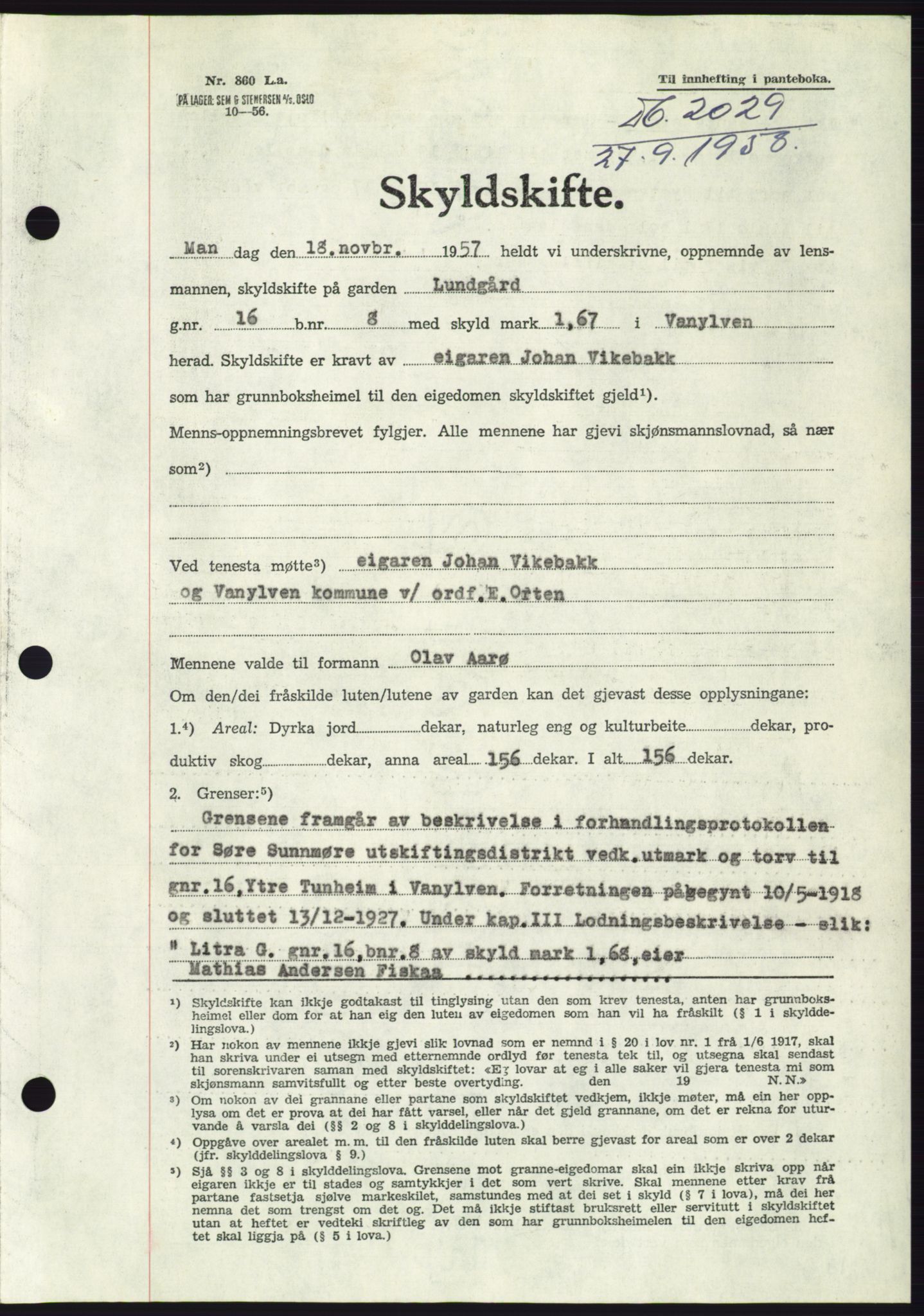 Søre Sunnmøre sorenskriveri, AV/SAT-A-4122/1/2/2C/L0110: Pantebok nr. 36A, 1958-1958, Dagboknr: 2029/1958