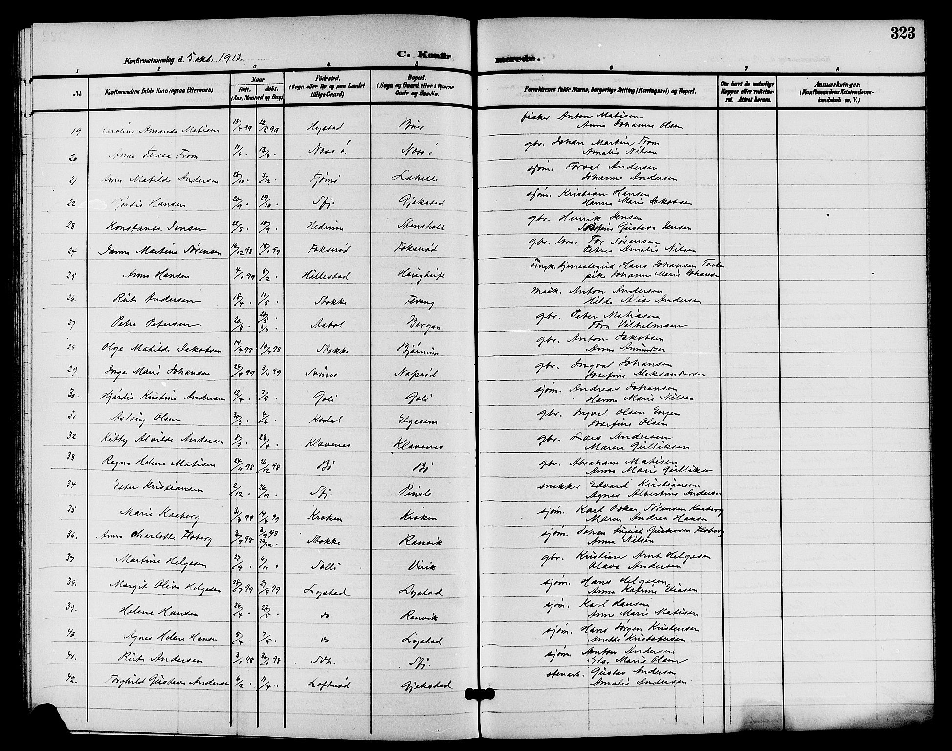 Sandar kirkebøker, AV/SAKO-A-243/G/Ga/L0002: Klokkerbok nr. 2, 1900-1915, s. 323