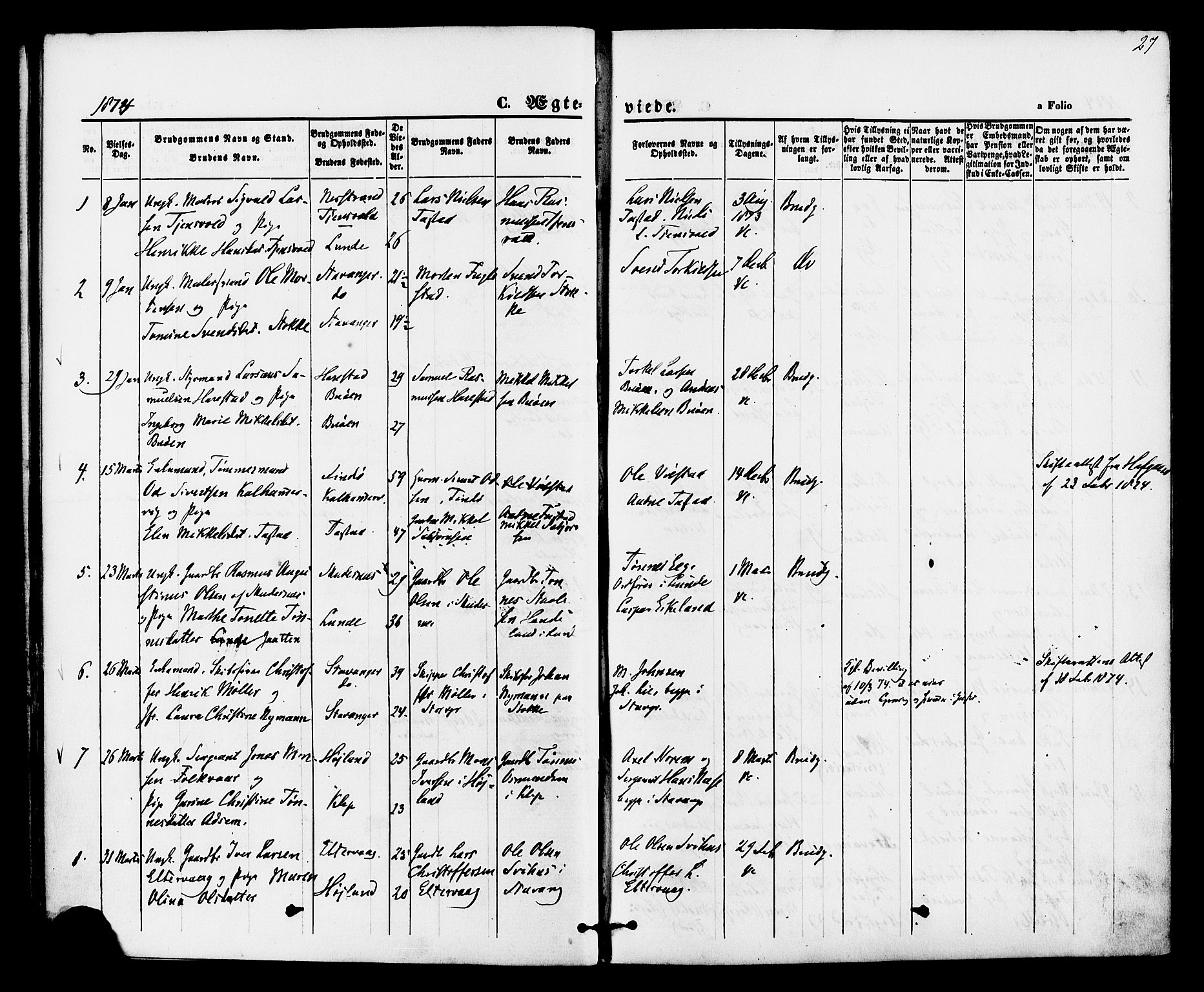 Hetland sokneprestkontor, AV/SAST-A-101826/30/30BA/L0005: Ministerialbok nr. A 5, 1869-1884, s. 27