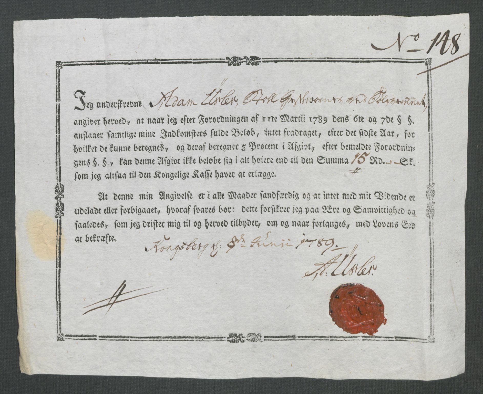 Rentekammeret inntil 1814, Reviderte regnskaper, Mindre regnskaper, AV/RA-EA-4068/Rf/Rfe/L0019: Jæren og Dalane fogderi, Kongsberg, 1789, s. 352