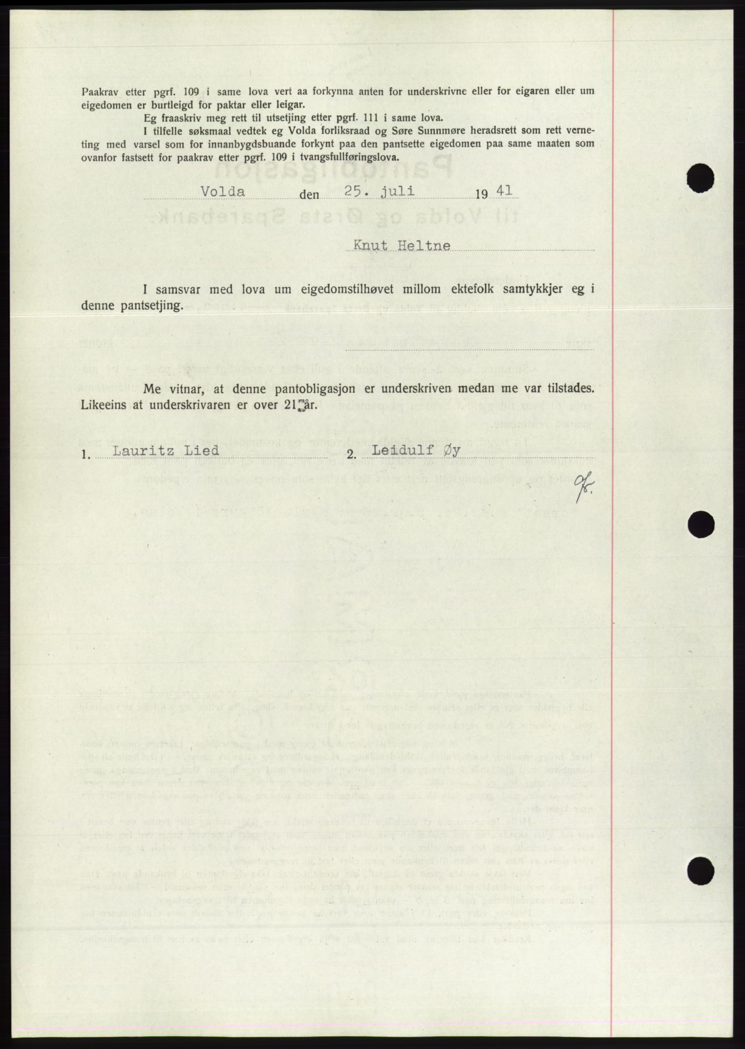 Søre Sunnmøre sorenskriveri, AV/SAT-A-4122/1/2/2C/L0071: Pantebok nr. 65, 1941-1941, Dagboknr: 751/1941