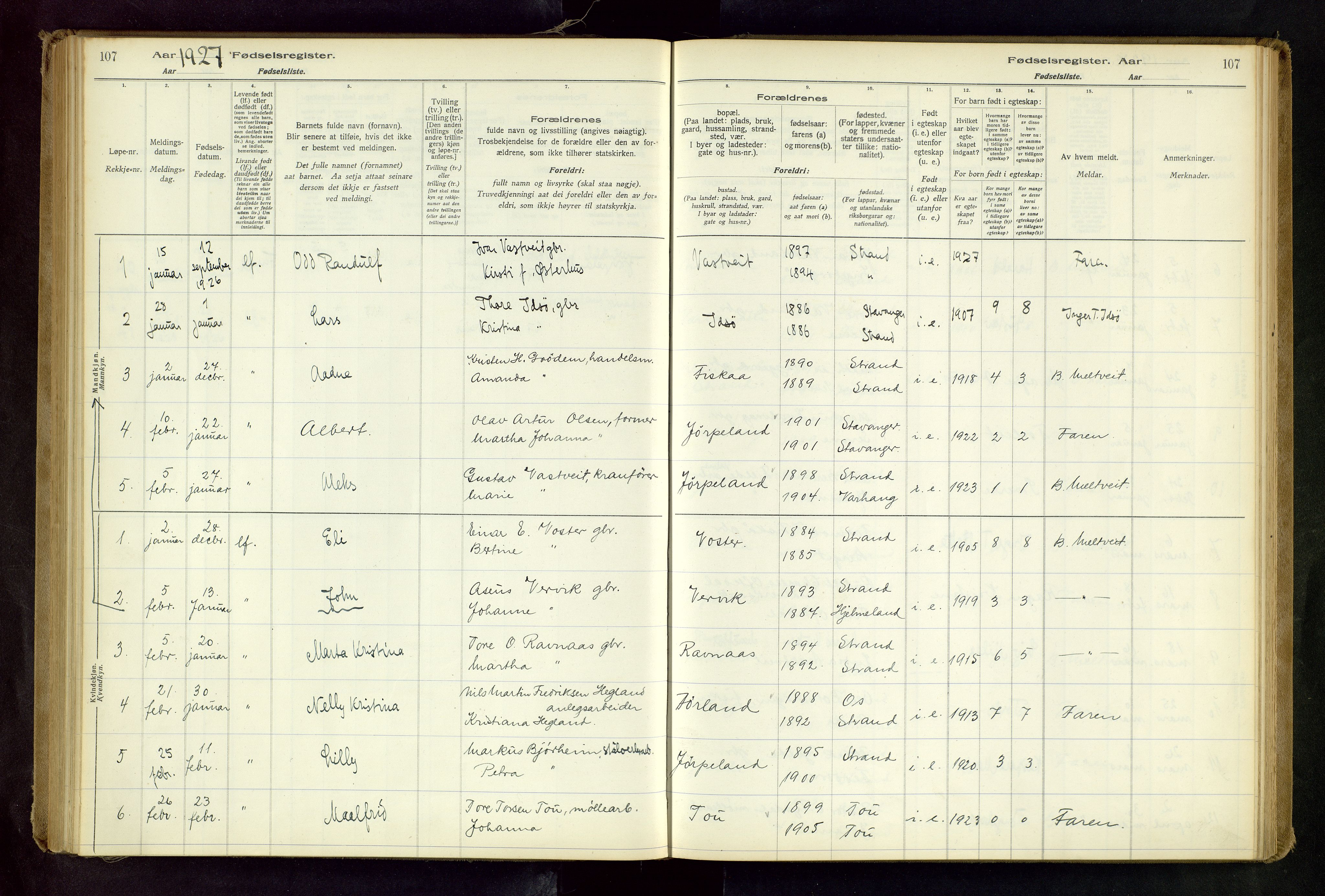 Strand sokneprestkontor, SAST/A-101828/I/Id/L0001: Fødselsregister nr. 1, 1916-1938, s. 107