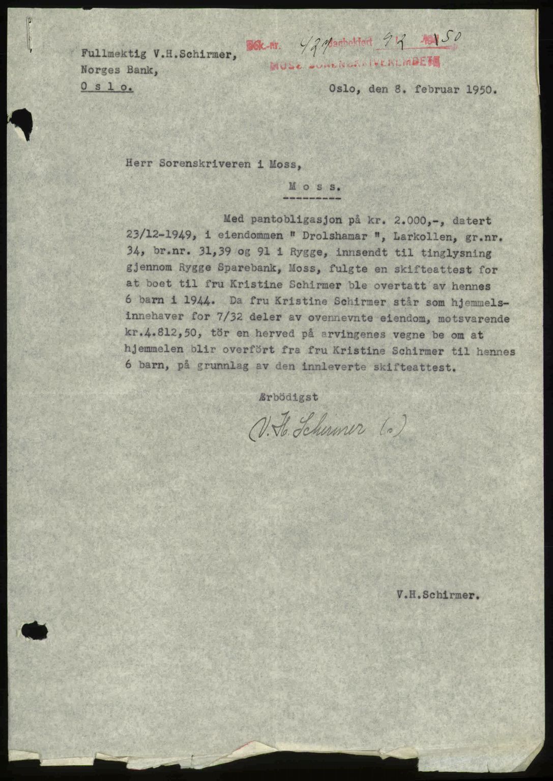 Moss sorenskriveri, SAO/A-10168: Pantebok nr. A25, 1950-1950, Dagboknr: 427/1950