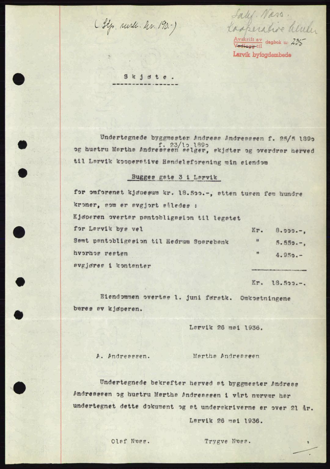 Larvik sorenskriveri, SAKO/A-83/G/Ga/Gab/L0067: Pantebok nr. A-1, 1936-1937, Dagboknr: 235/1936