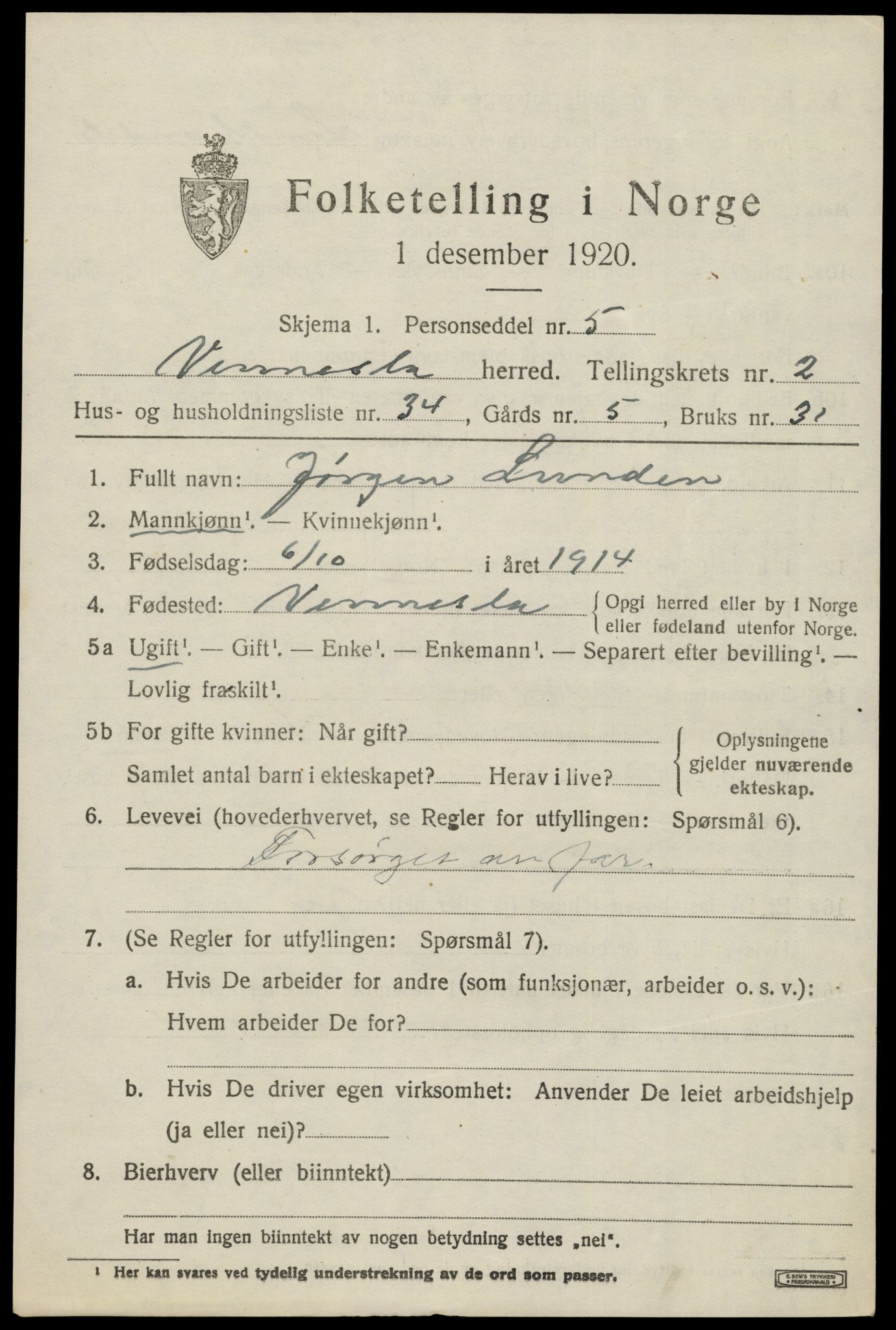 SAK, Folketelling 1920 for 1014 Vennesla herred, 1920, s. 1938