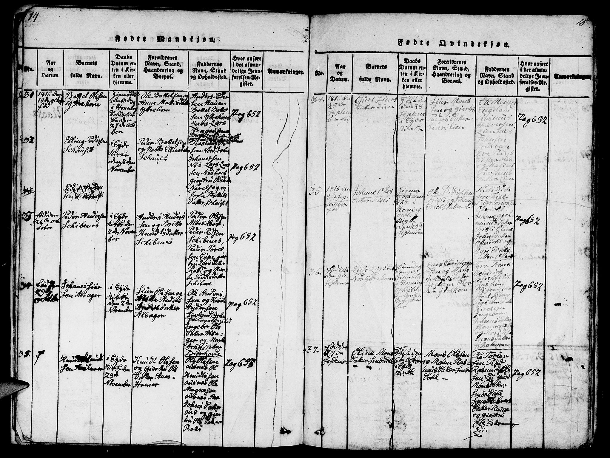 Eid sokneprestembete, SAB/A-82301/H/Hab/Haba/L0001: Klokkerbok nr. A 1, 1816-1862, s. 14-15