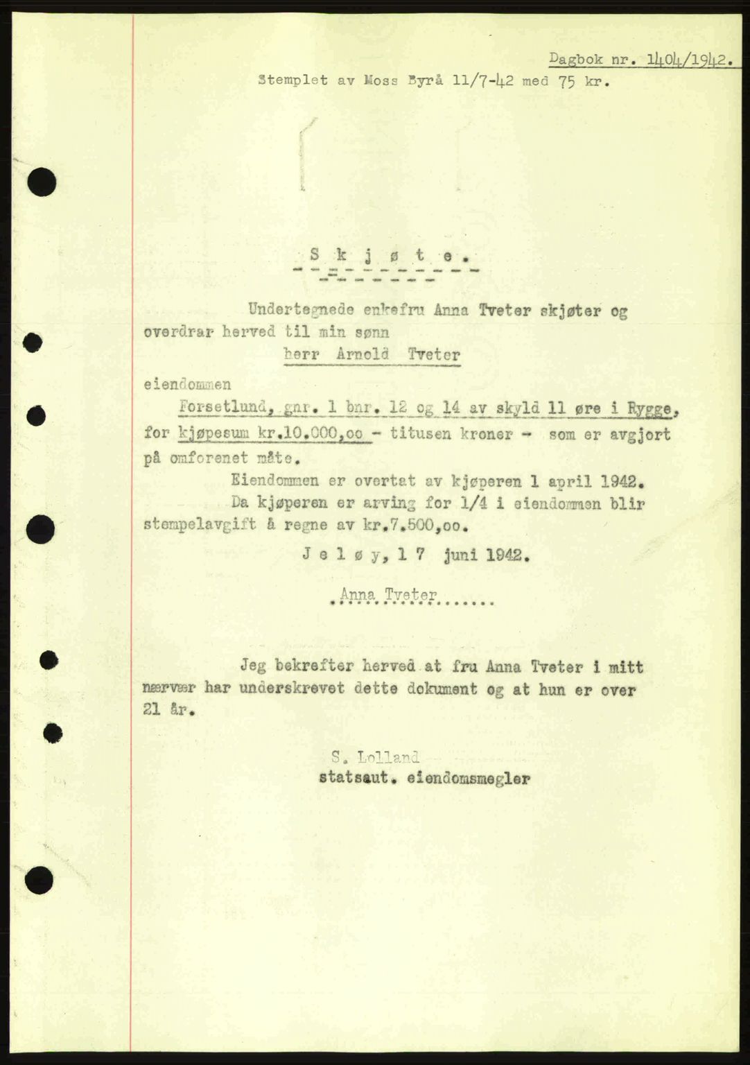 Moss sorenskriveri, SAO/A-10168: Pantebok nr. A10, 1942-1943, Dagboknr: 1404/1942
