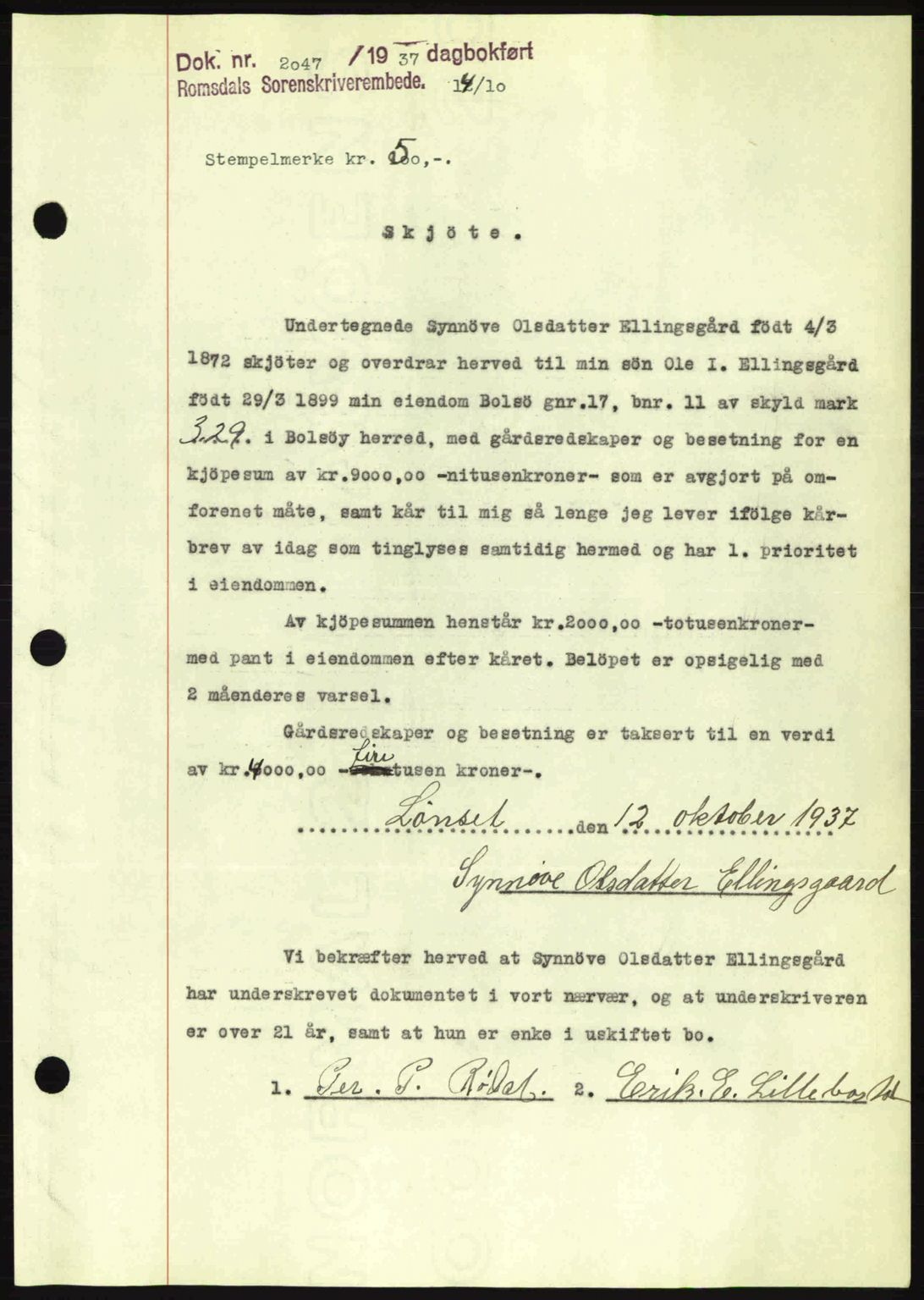 Romsdal sorenskriveri, SAT/A-4149/1/2/2C: Pantebok nr. A4, 1937-1938, Dagboknr: 2047/1937