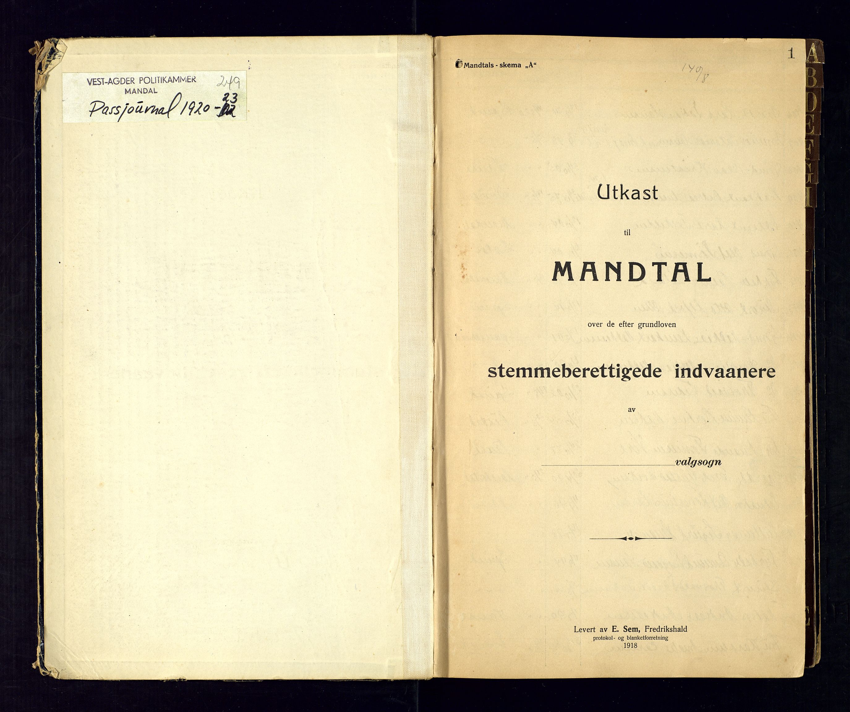 Vest-Agder politikammer, SAK/1243-0008/K/Ka/L0085: Passprotokoll, 1920-1923, s. 1