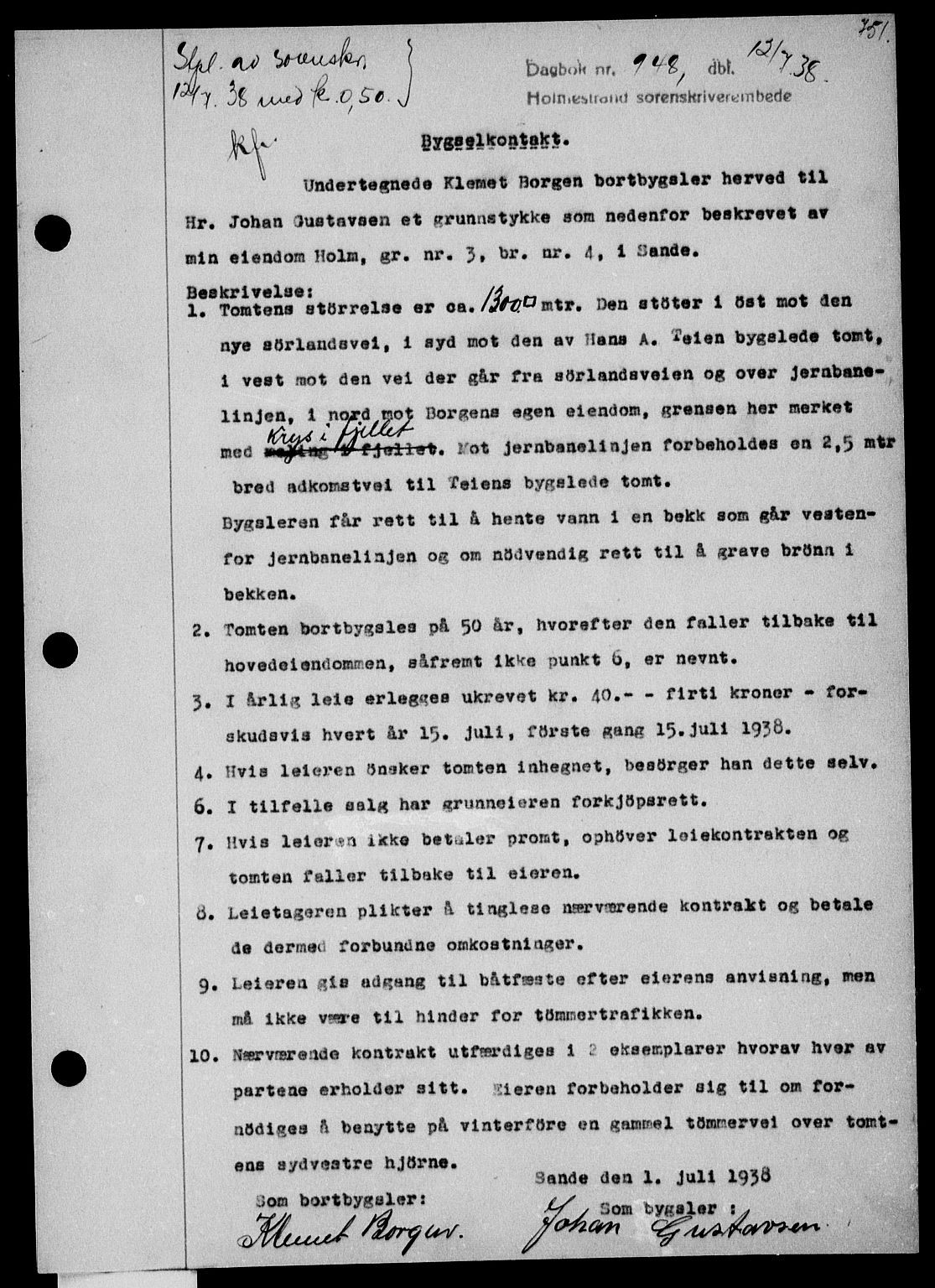 Holmestrand sorenskriveri, SAKO/A-67/G/Ga/Gaa/L0049: Pantebok nr. A-49, 1937-1938, Dagboknr: 948/1938