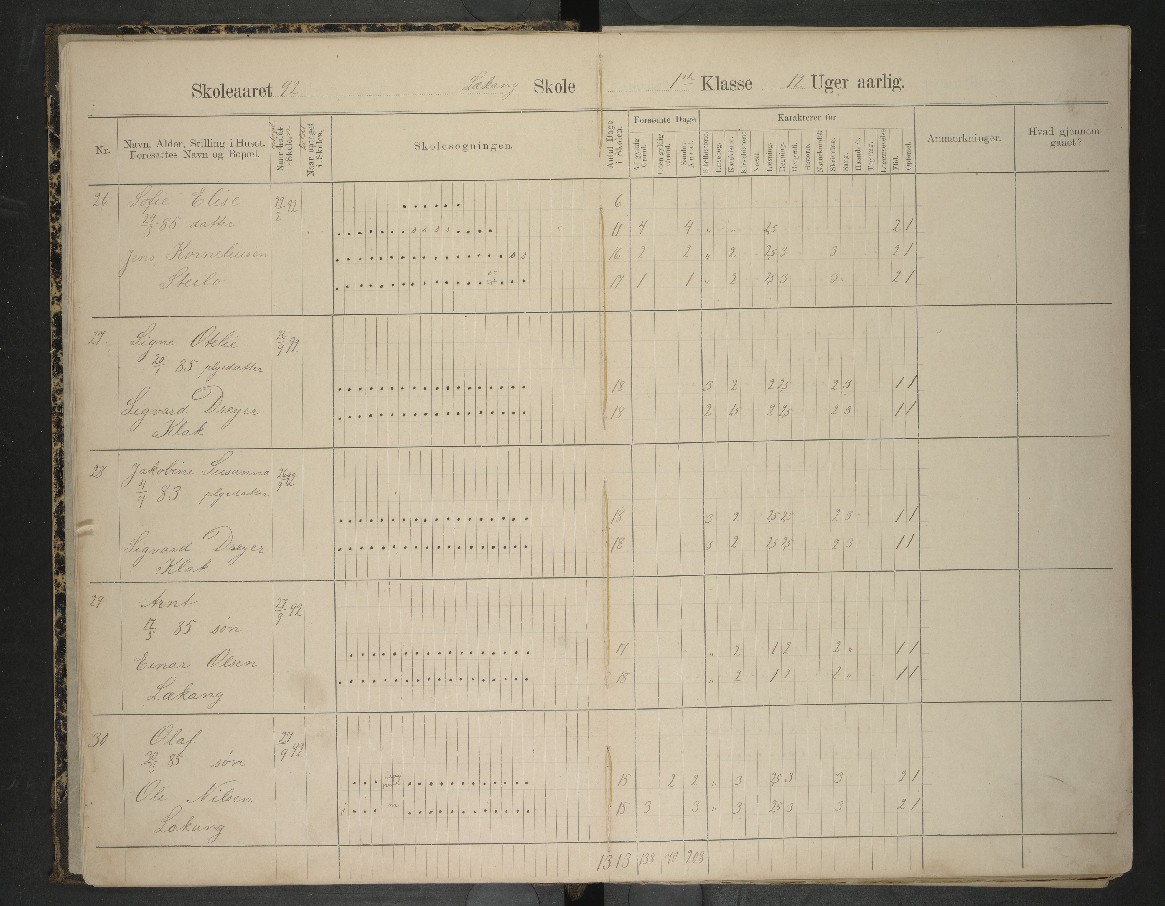 Hadsel kommune. Lekang, Husby og Ongstad skolekrets, AIN/K-18660.510.53/F/L0001: Skoleprotokoll for Lekang, Husby og Ongstad, 1892-1896