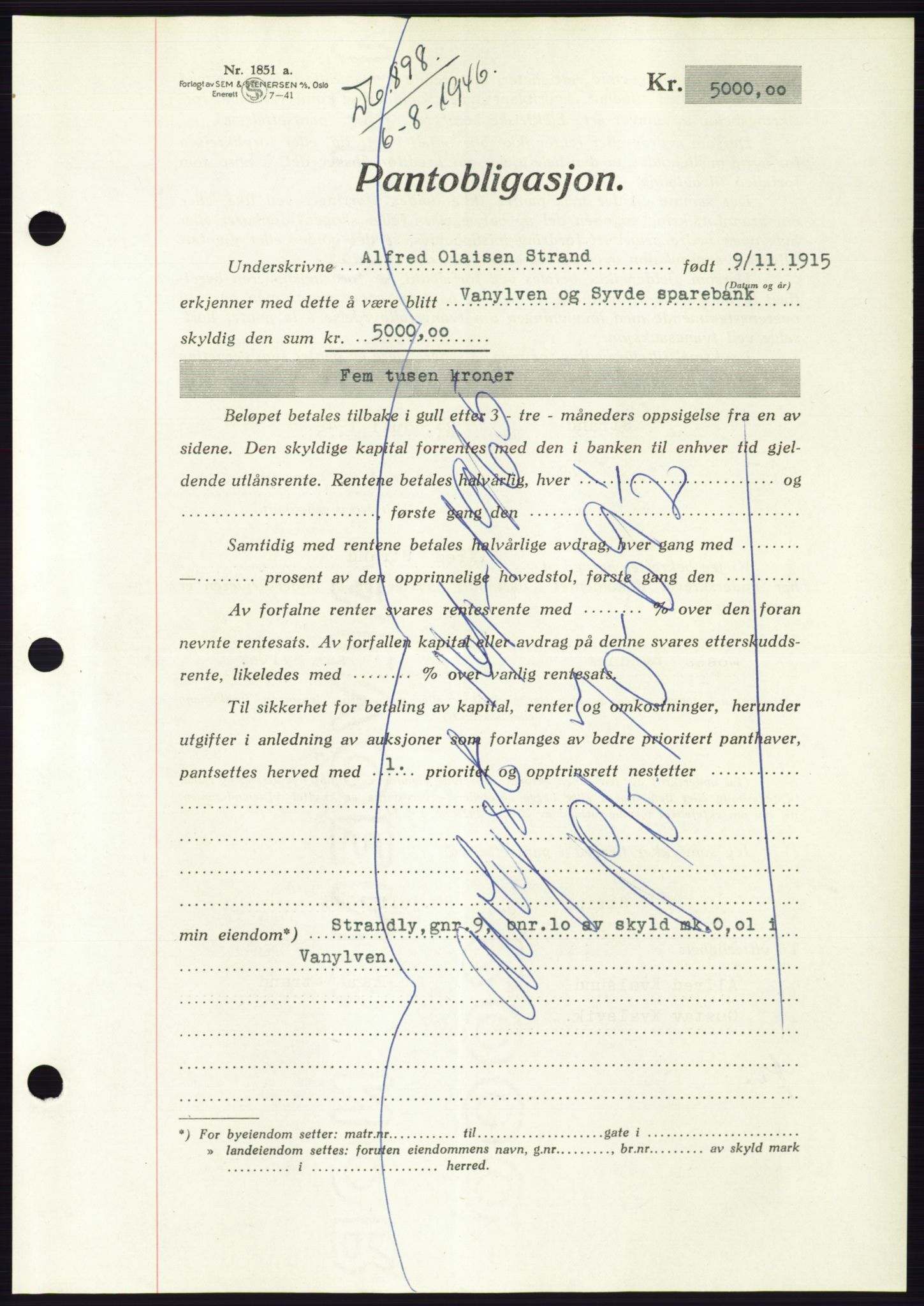 Søre Sunnmøre sorenskriveri, AV/SAT-A-4122/1/2/2C/L0114: Pantebok nr. 1-2B, 1943-1947, Dagboknr: 898/1946