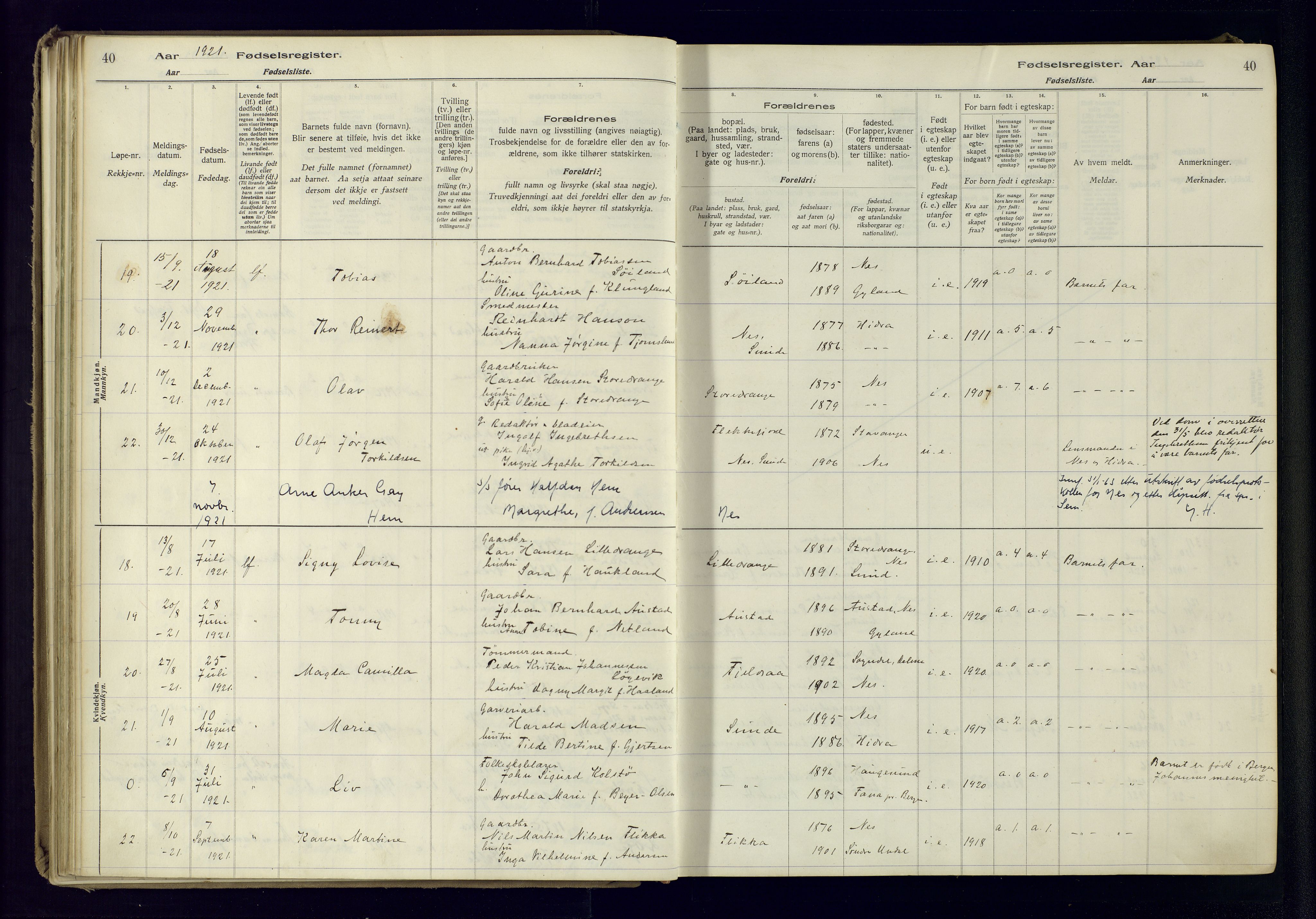 Flekkefjord sokneprestkontor, AV/SAK-1111-0012/J/Ja/L0005: Fødselsregister nr. 5, 1916-1950, s. 40