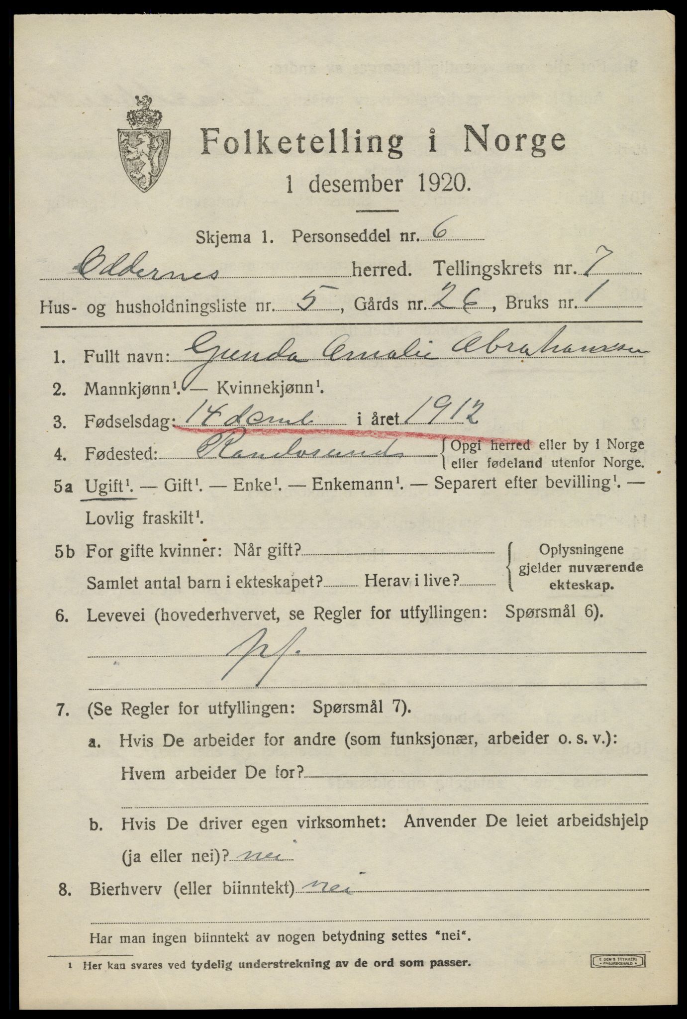 SAK, Folketelling 1920 for 1012 Oddernes herred, 1920, s. 5417