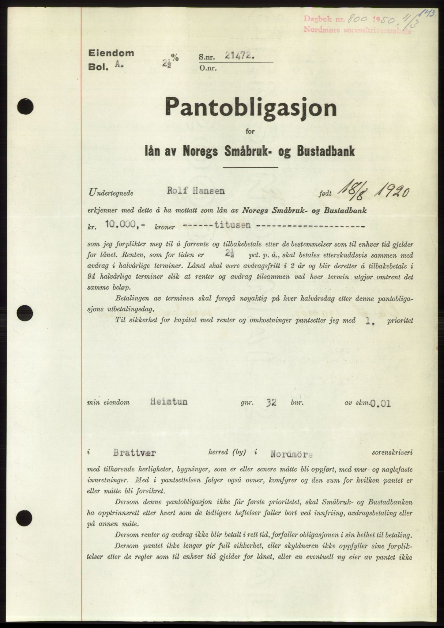 Nordmøre sorenskriveri, SAT/A-4132/1/2/2Ca: Pantebok nr. B104, 1950-1950, Dagboknr: 800/1950