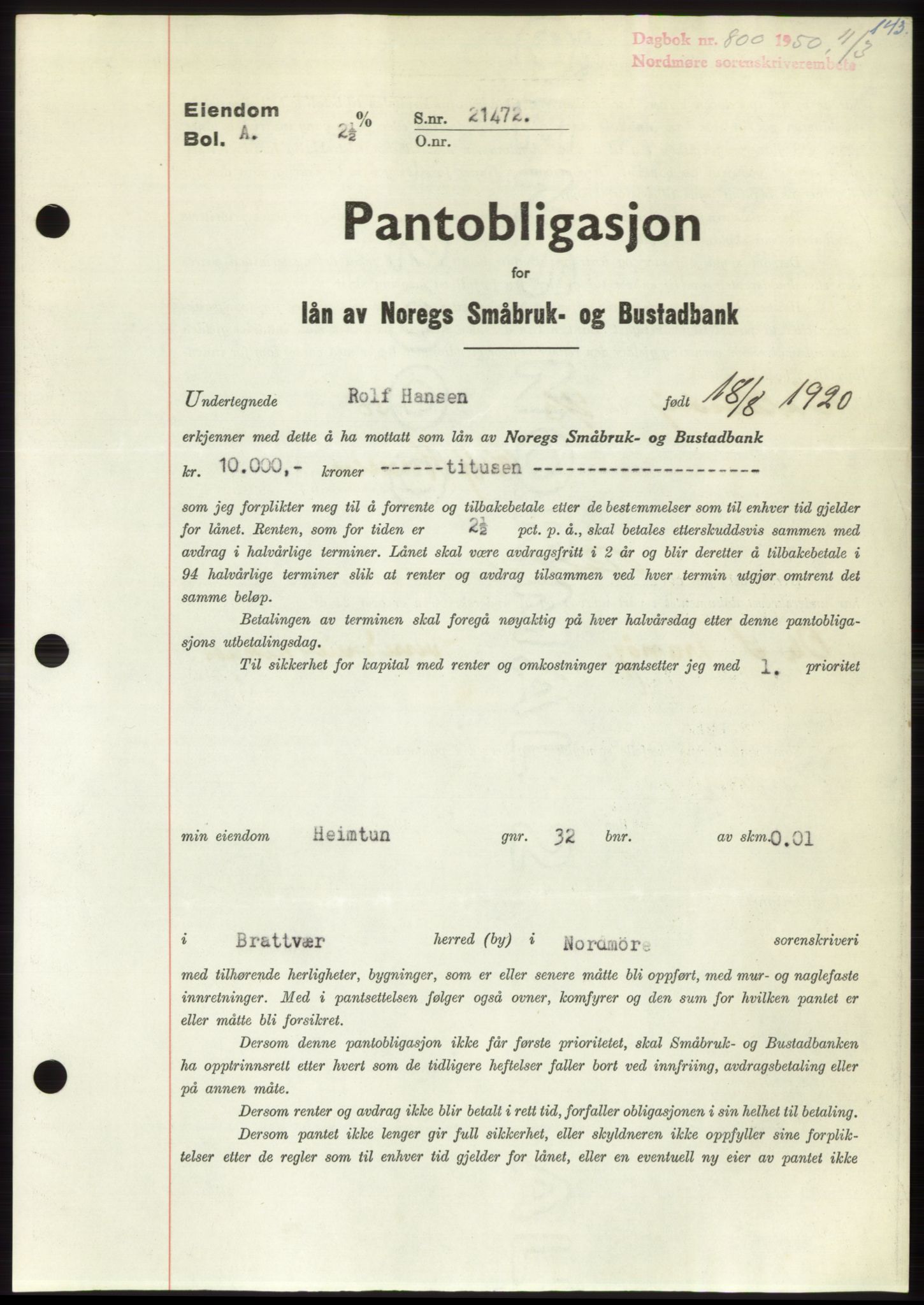 Nordmøre sorenskriveri, AV/SAT-A-4132/1/2/2Ca: Pantebok nr. B104, 1950-1950, Dagboknr: 800/1950