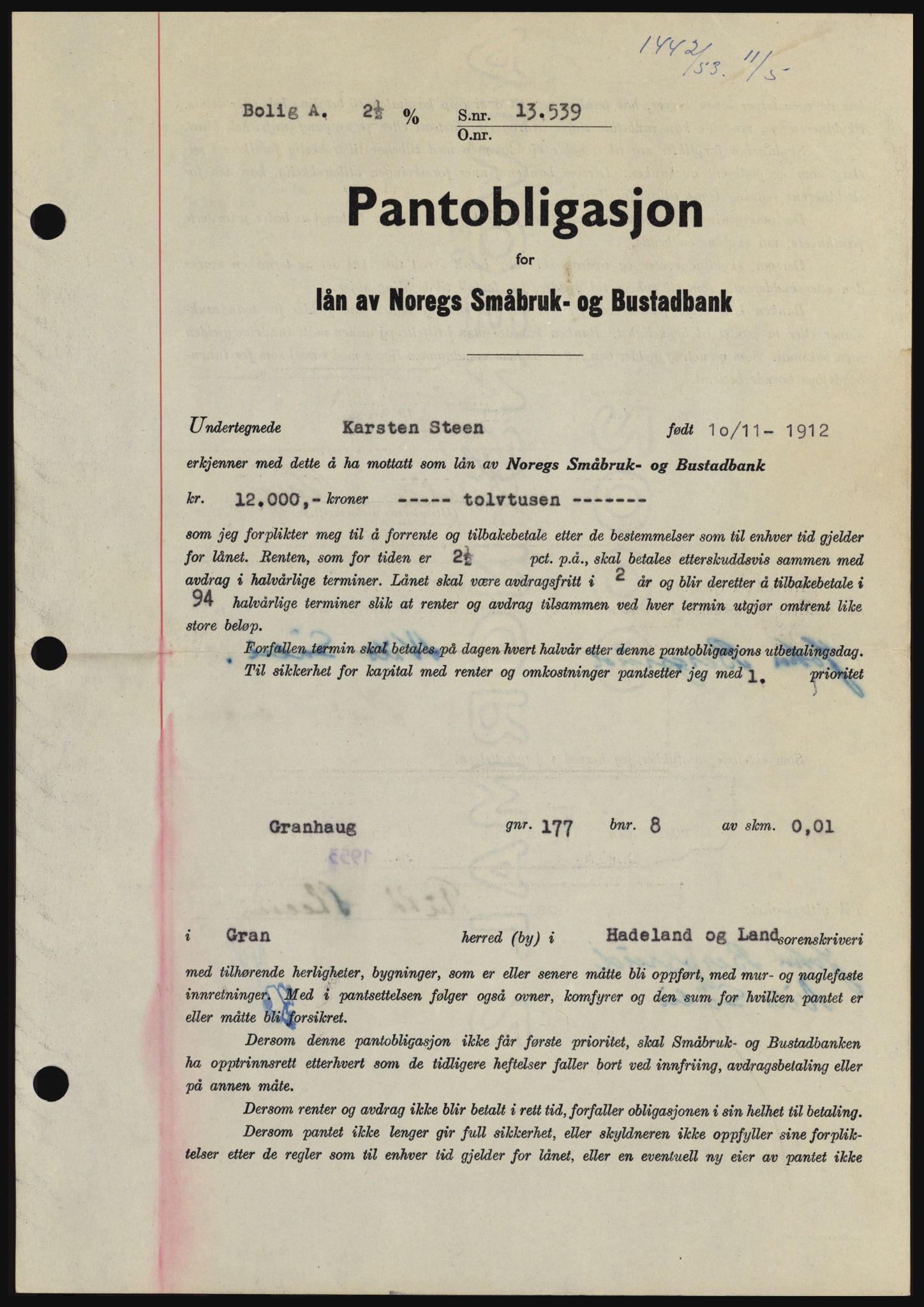 Hadeland og Land tingrett, SAH/TING-010/H/Hb/Hbc/L0026: Pantebok nr. B26, 1953-1953, Dagboknr: 1442/1953