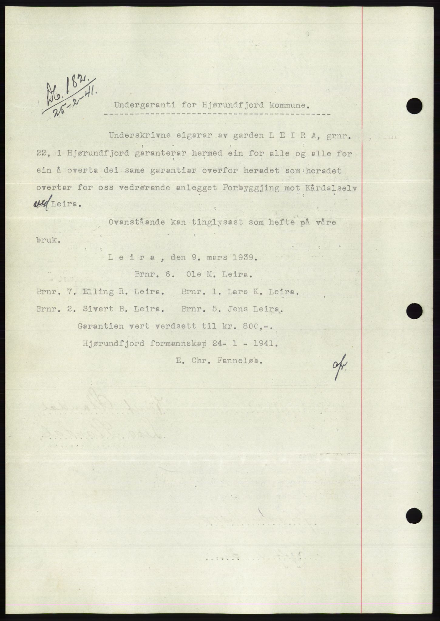 Søre Sunnmøre sorenskriveri, AV/SAT-A-4122/1/2/2C/L0071: Pantebok nr. 65, 1941-1941, Dagboknr: 182/1941