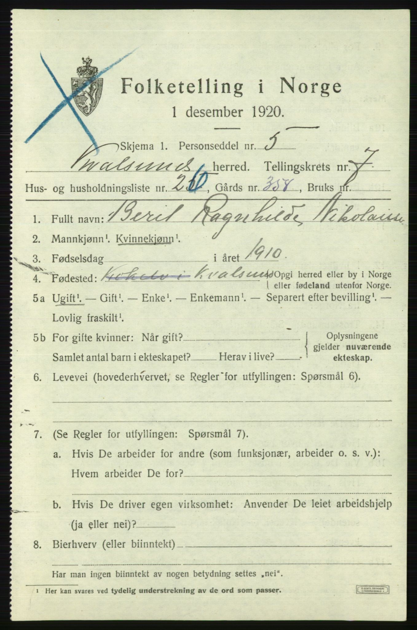 SATØ, Folketelling 1920 for 2017 Kvalsund herred, 1920, s. 2430